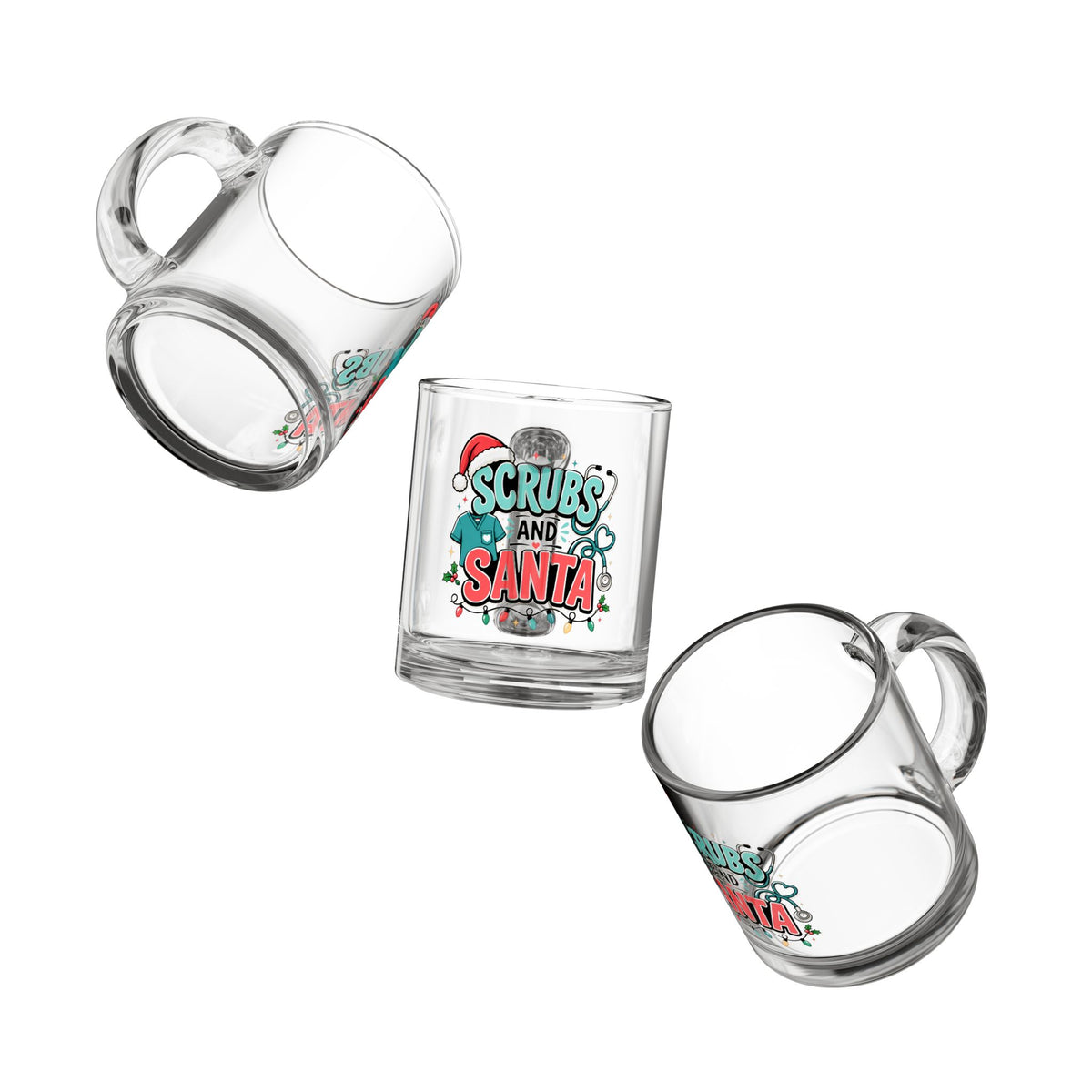 Modern Day Christmas Glass Mug  10oz Glass Mug - "Scrubs and Santa" Christmas Nurse Coffee Cup, 10oz