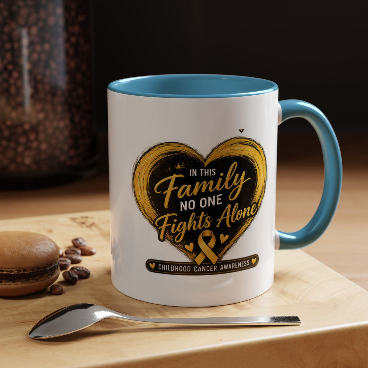 Childhood Cancer Awareness Accent Coffee Mug — "In This Family No One Fights Alone"