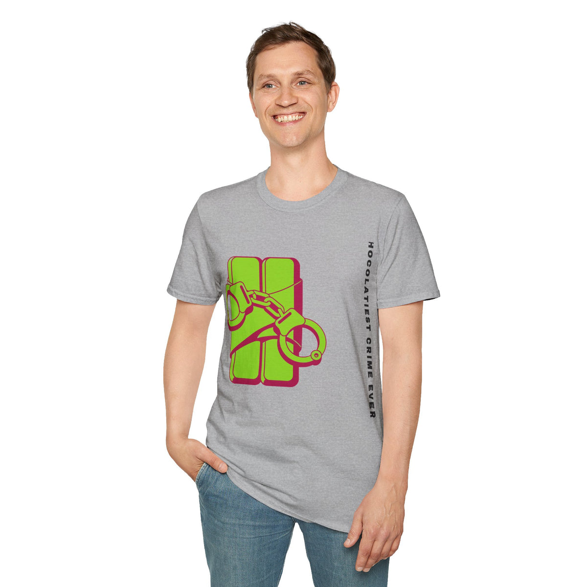 Chocolateie Graphic T‑Shirt — Green Candy Bar with Handcuffs Design - Trending Now - September 2026
