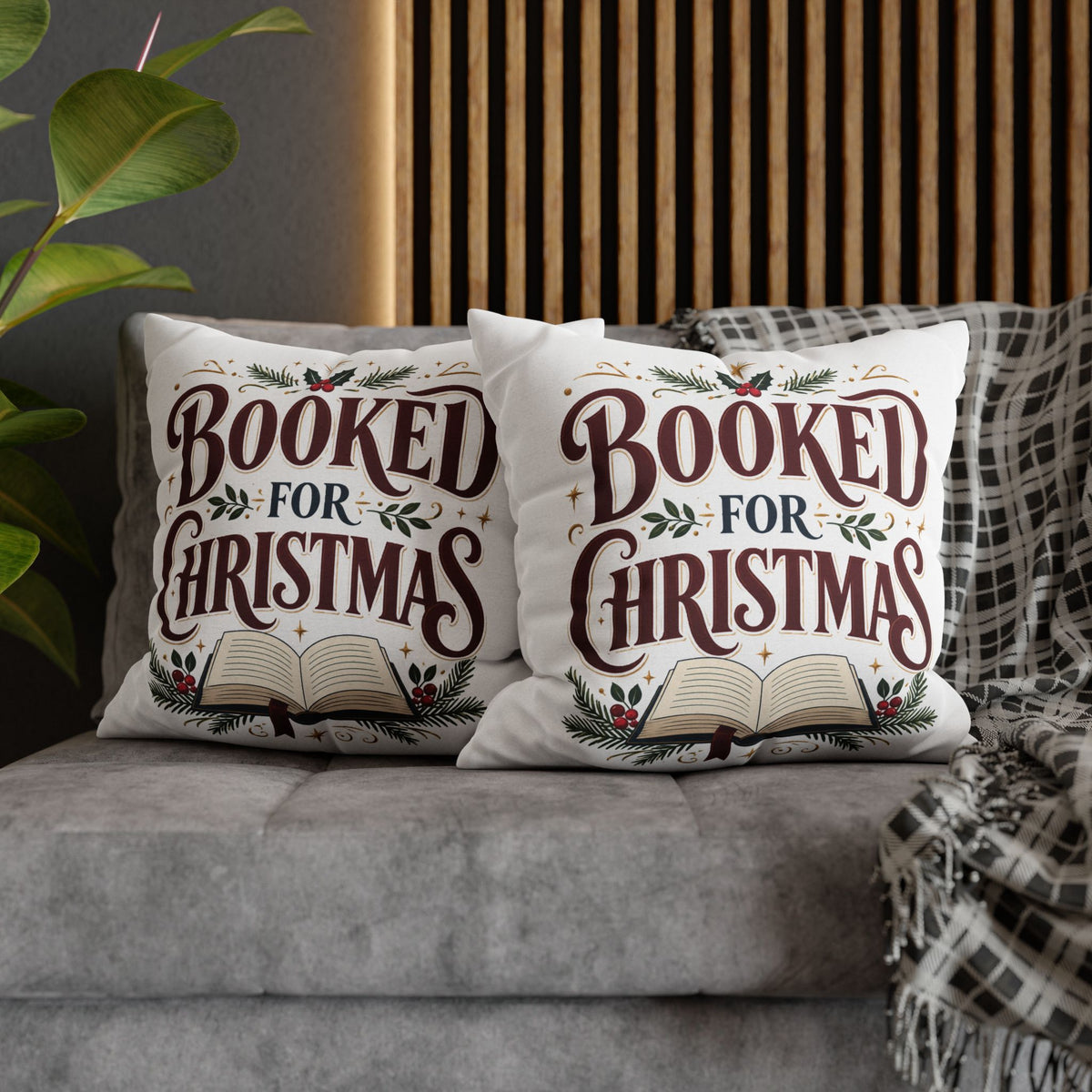 Booked for Christmas Square Pillowcase — Holiday Book Lover Throw Pillow