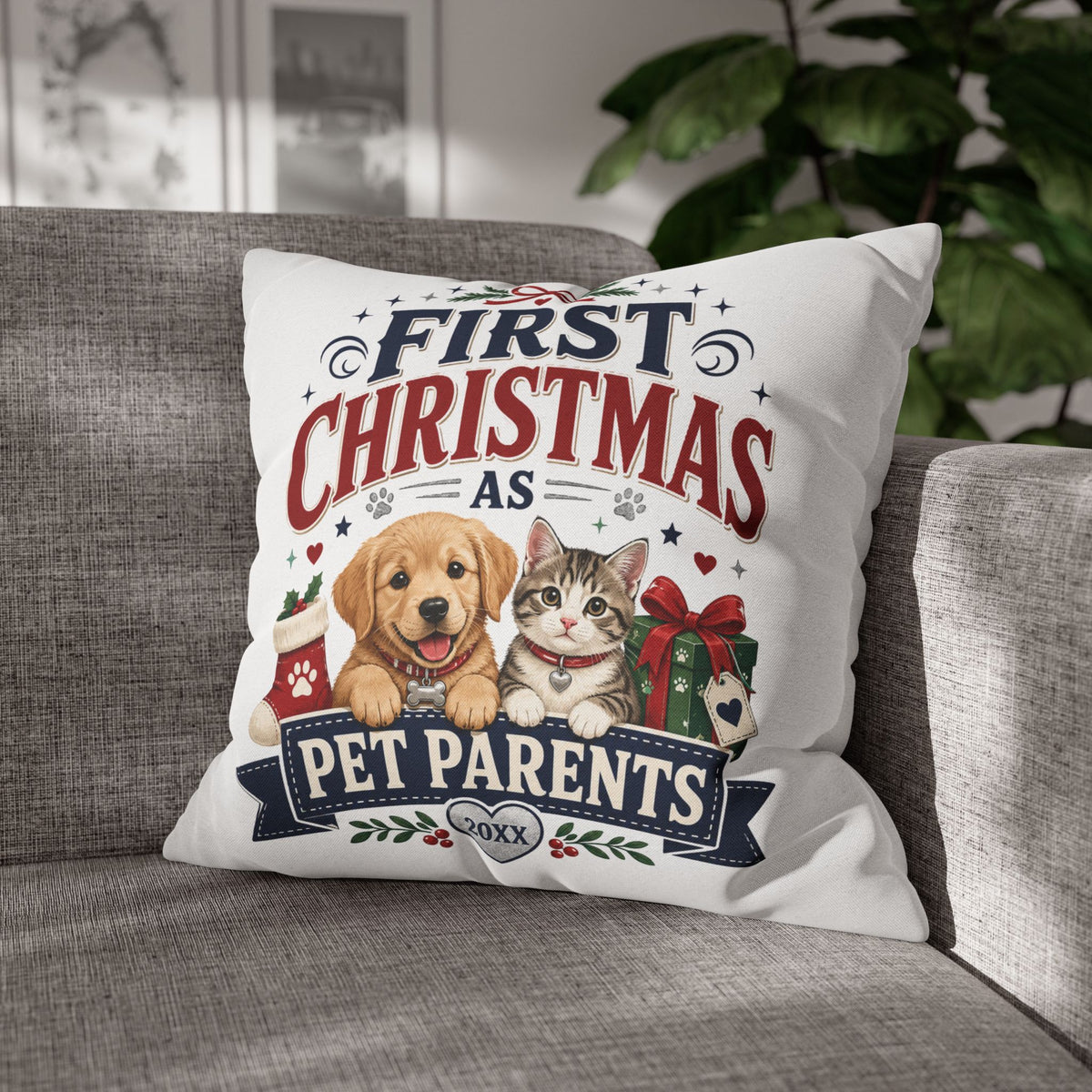 First Christmas as Pet Parents Pillowcase — Dog & Cat Holiday Throw Pillowcase