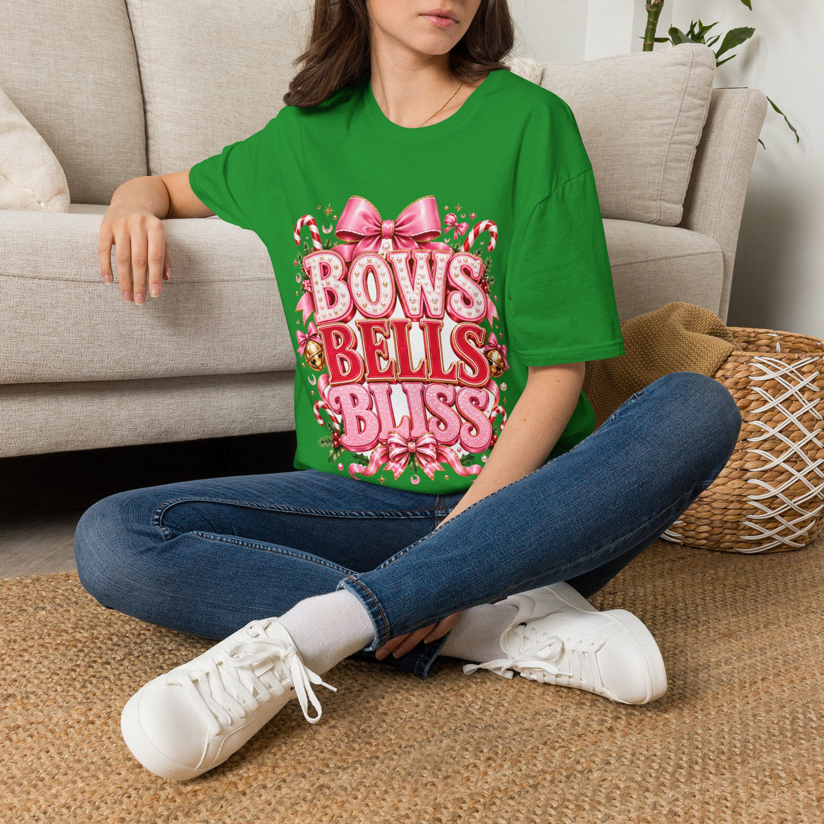 Bows Bells Bliss Christmas T‑Shirt — Pink Holiday Bow Graphic