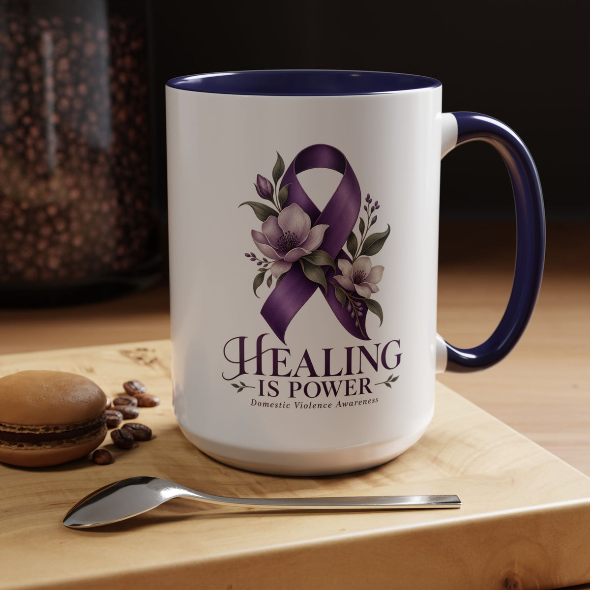 Healing Is Power Purple Ribbon Coffee Mug — Domestic Violence Awareness Accent Mug (11/15oz)