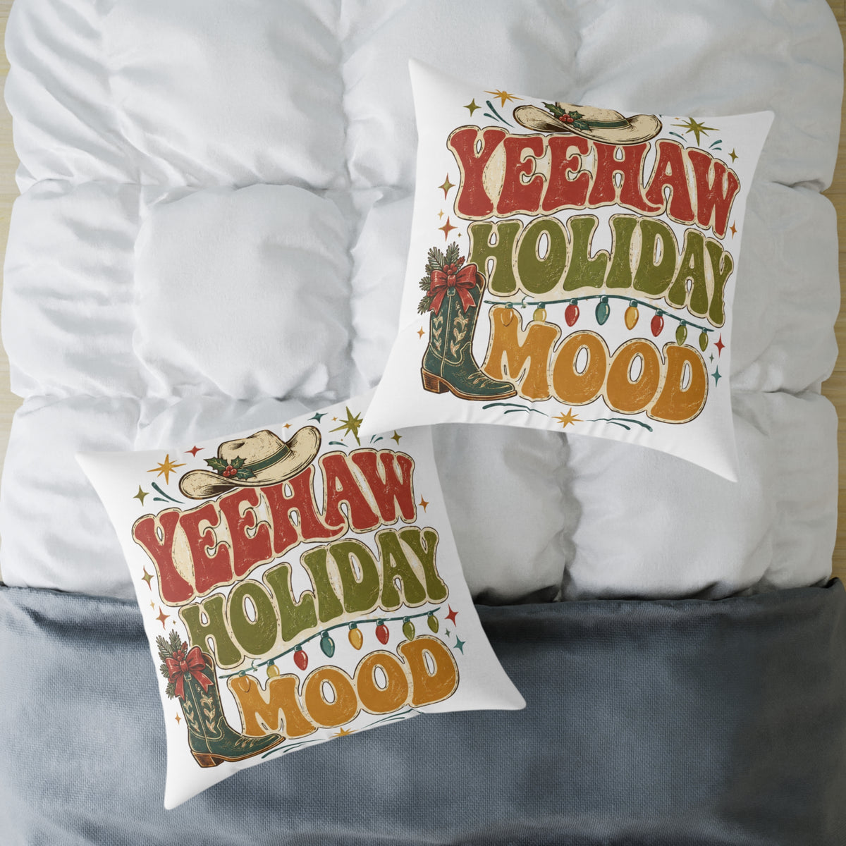 Christmas Square Pillow — "Yeehaw Holiday Mood" Western Christmas Decorative Throw Pillow