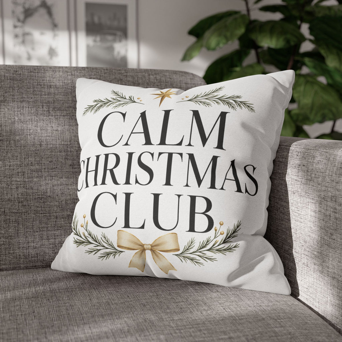 Calm Christmas Club Decorative Pillowcase — Holiday Pine & Gold Bow Throw Cover