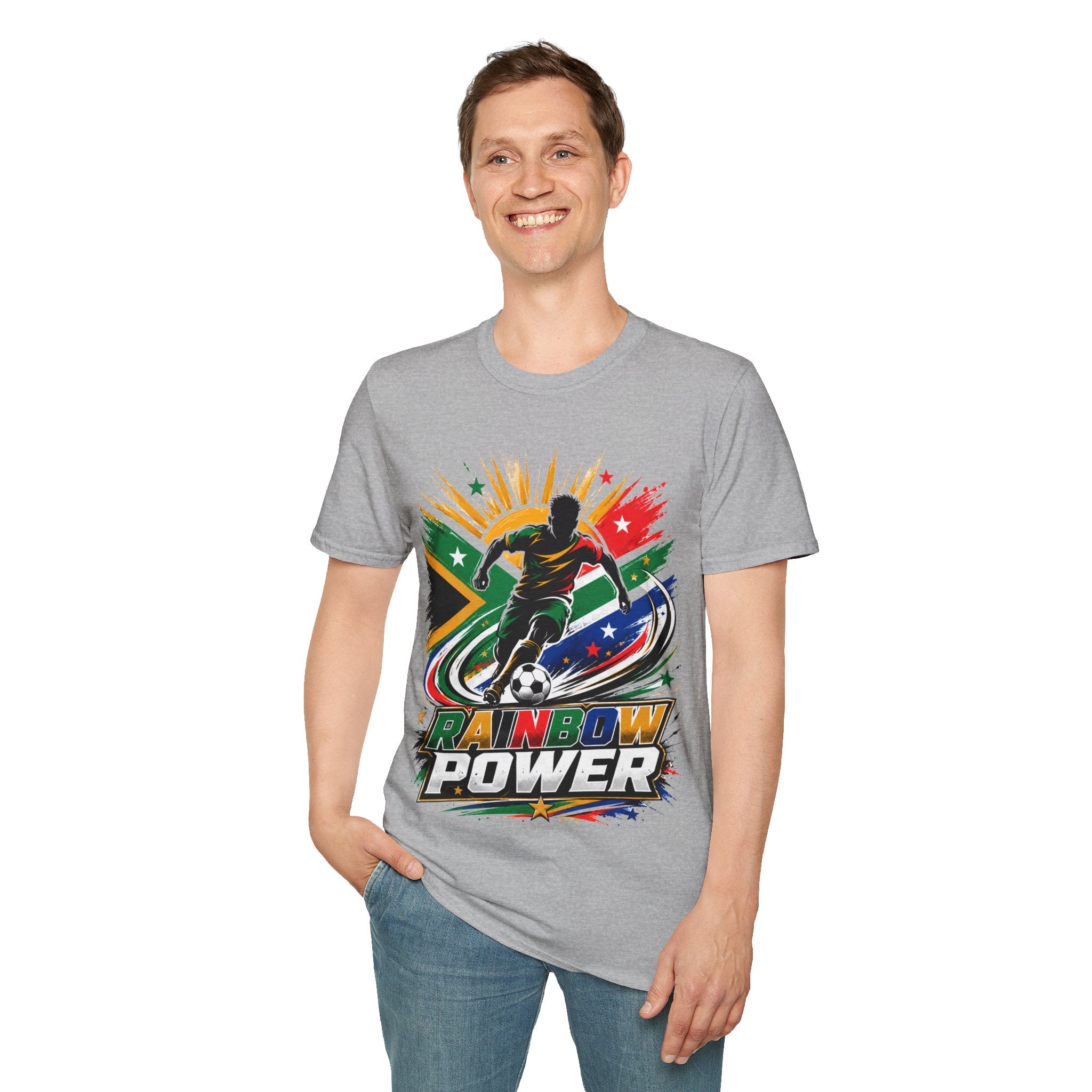 South Africa Soccer Rainbow Power T-Shirt — Colorful Football Player Graphic Tee