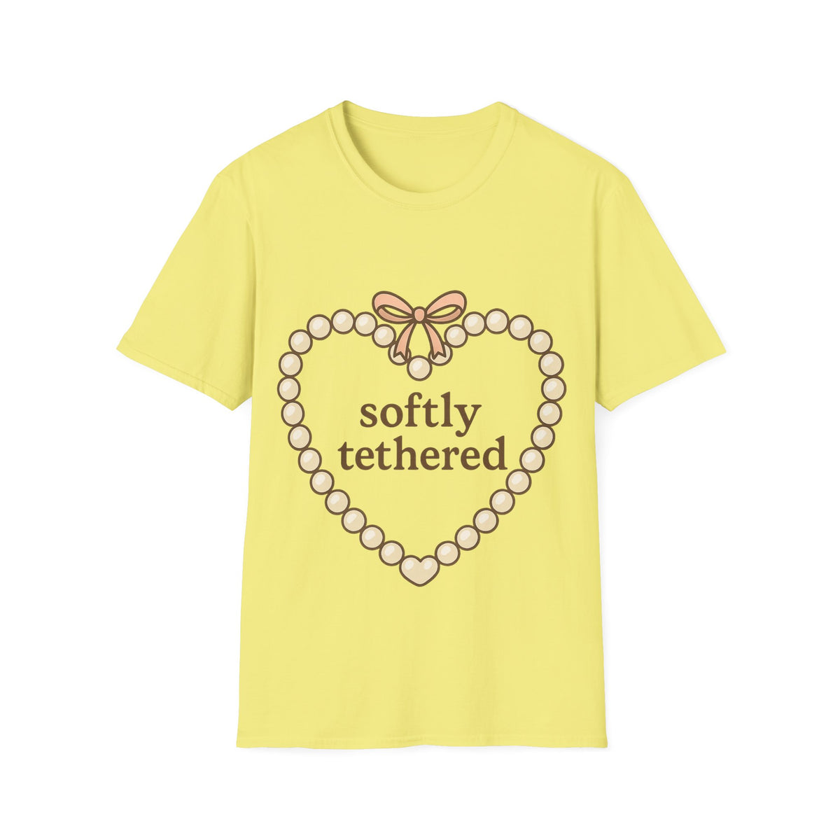"Softly Tethered" Pearl Heart Ribbon Tee - Cute Coquette Bow Aesthetic White T-Shirt - Trending Now - September 2026