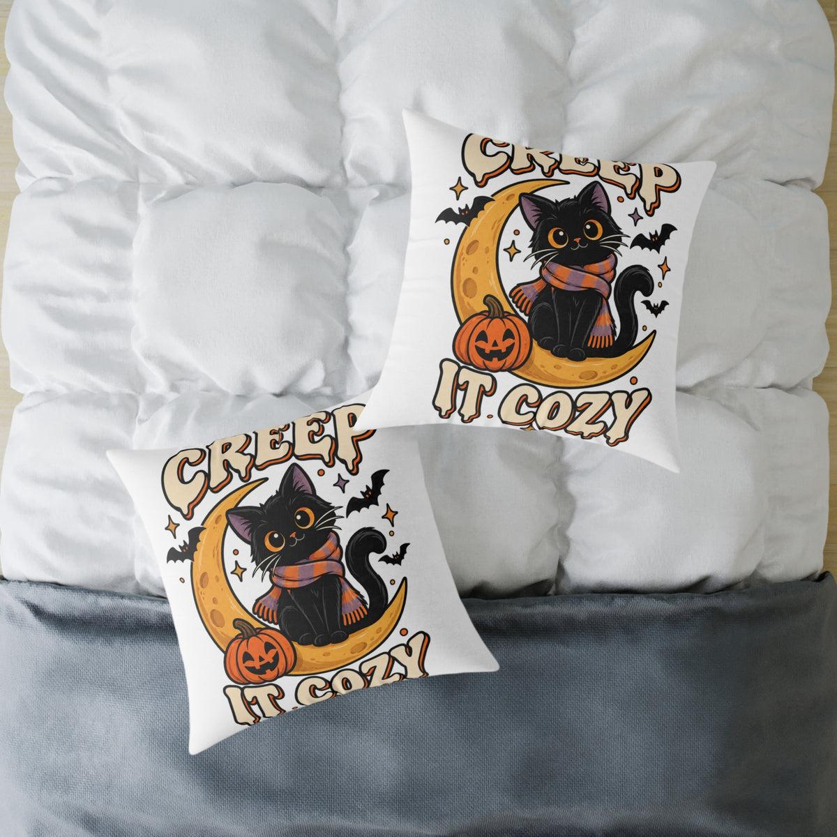 Halloween Cat Pillow — "Creep It Cozy" Decorative Square Throw Pillow