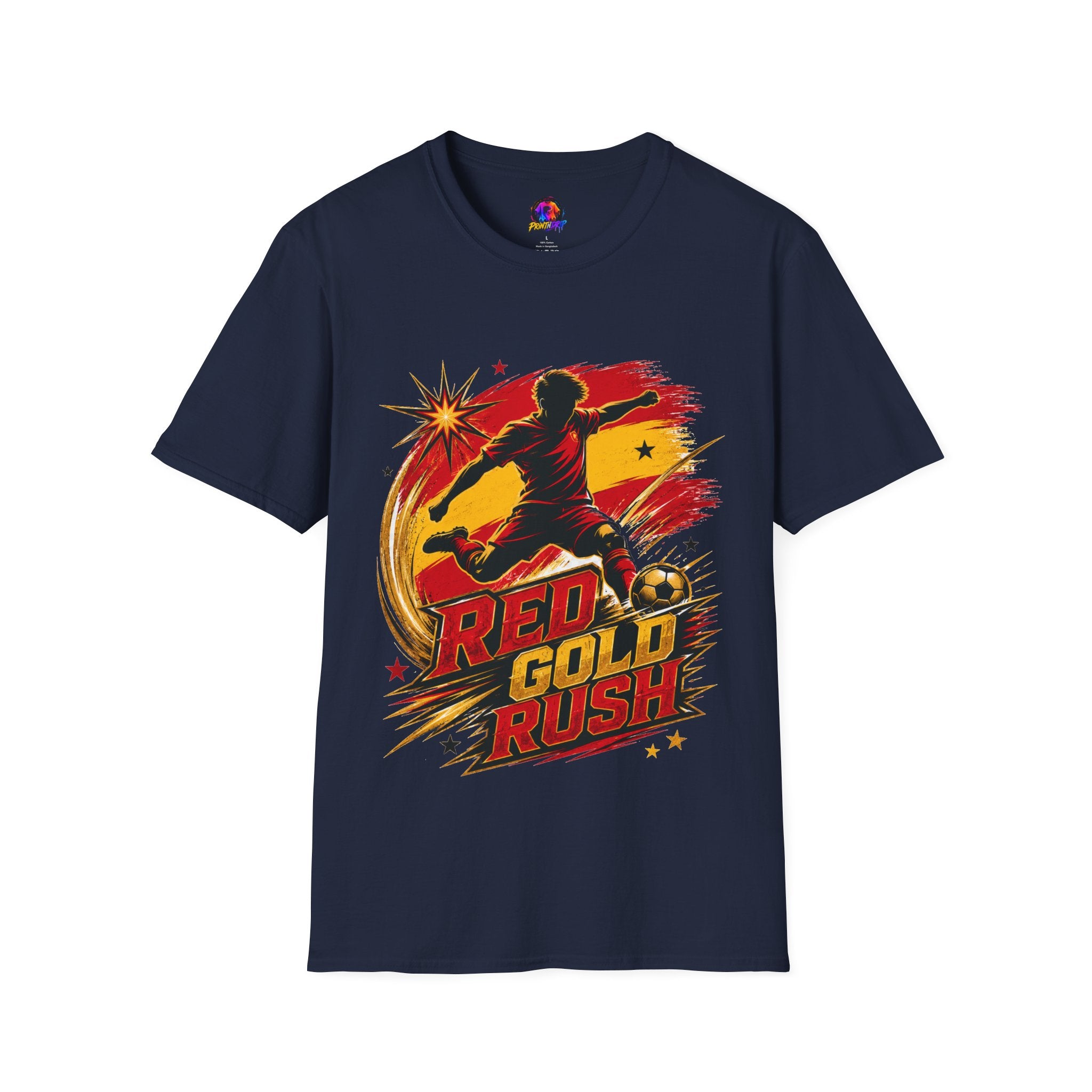 Spain Red & Gold Rush Soccer T-Shirt — Retro Soccer Player Graphic