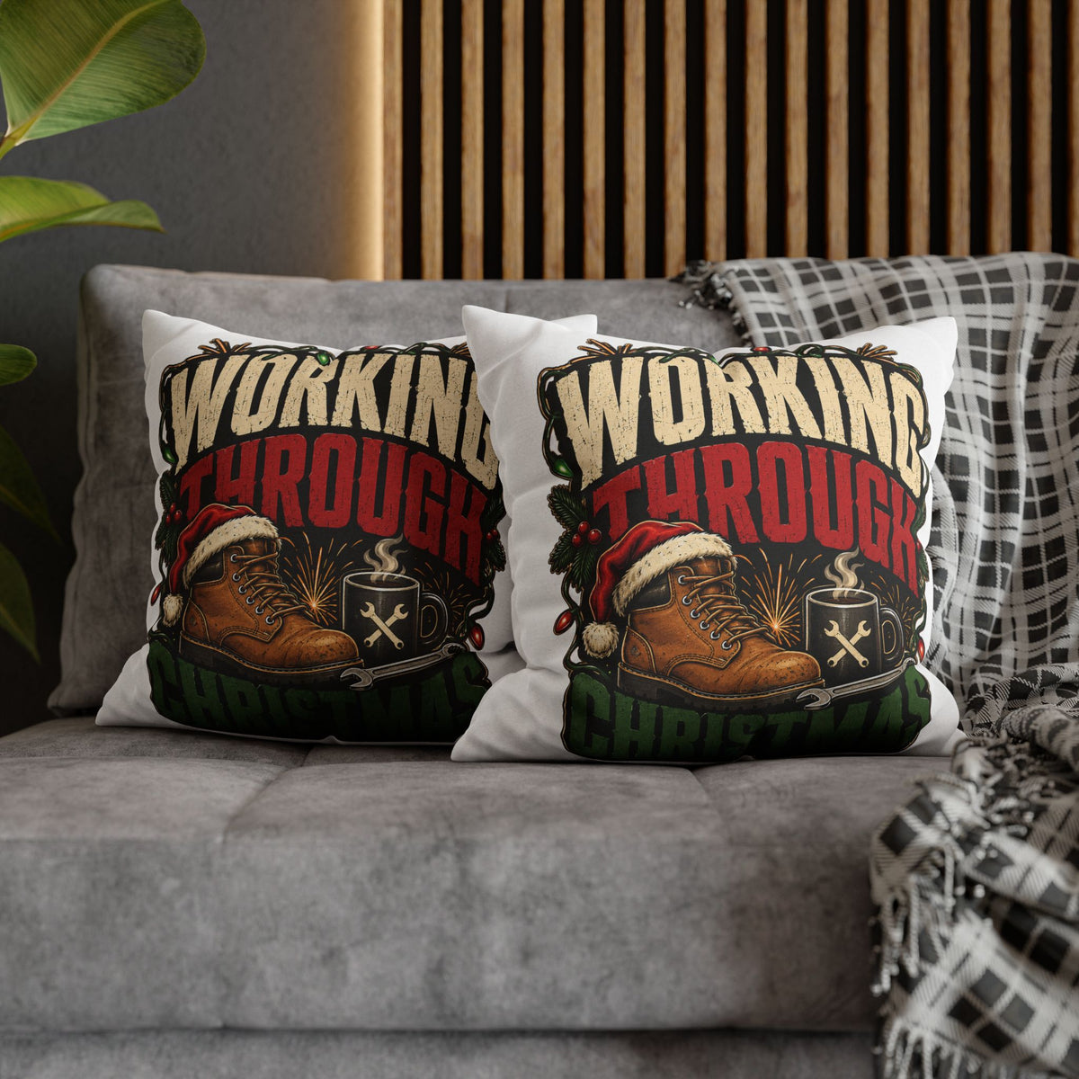 Christmas Work Boots Pillowcase Modern Day Christmas  – "Working Through Christmas" Holiday Throw Pillow Cover