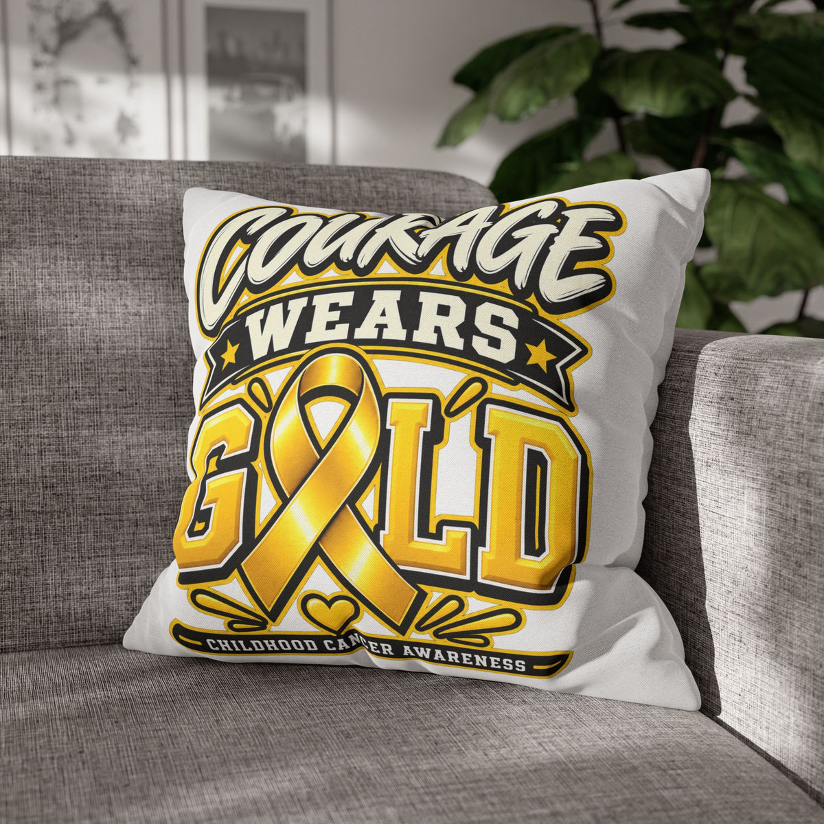 Courage Wears Gold Pillowcase – Childhood Cancer Awareness Cushion Cover