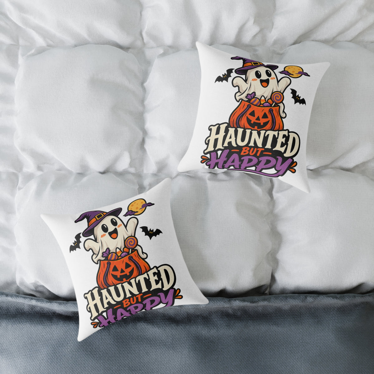 Halloween Ghost Pumpkin Pillow — "Haunted But Happy" Square Throw Pillow