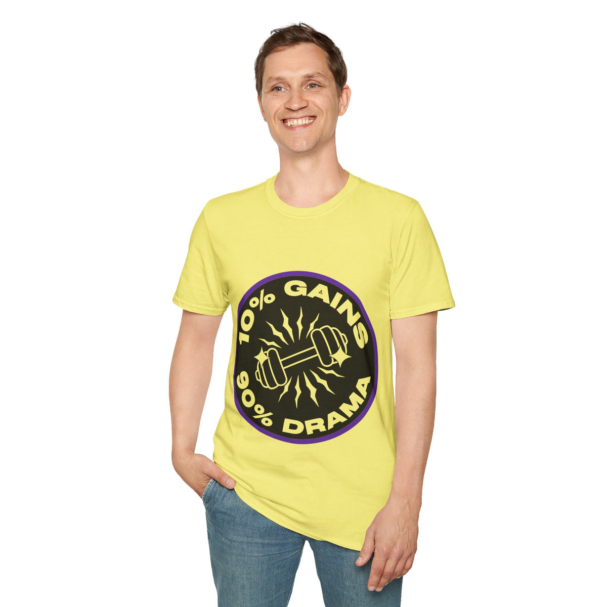 10% Gains 90% Drama Purple Badge T-Shirt - Retro Gym Circle Logo Graphic Tee - Trending Now - September 2026
