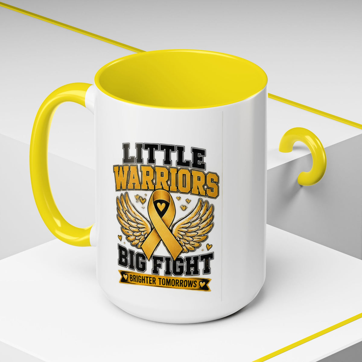 Little Warriors Big Fight Childhood Cancer Awareness Coffee Mug — Gold Ribbon Support Accent Mug