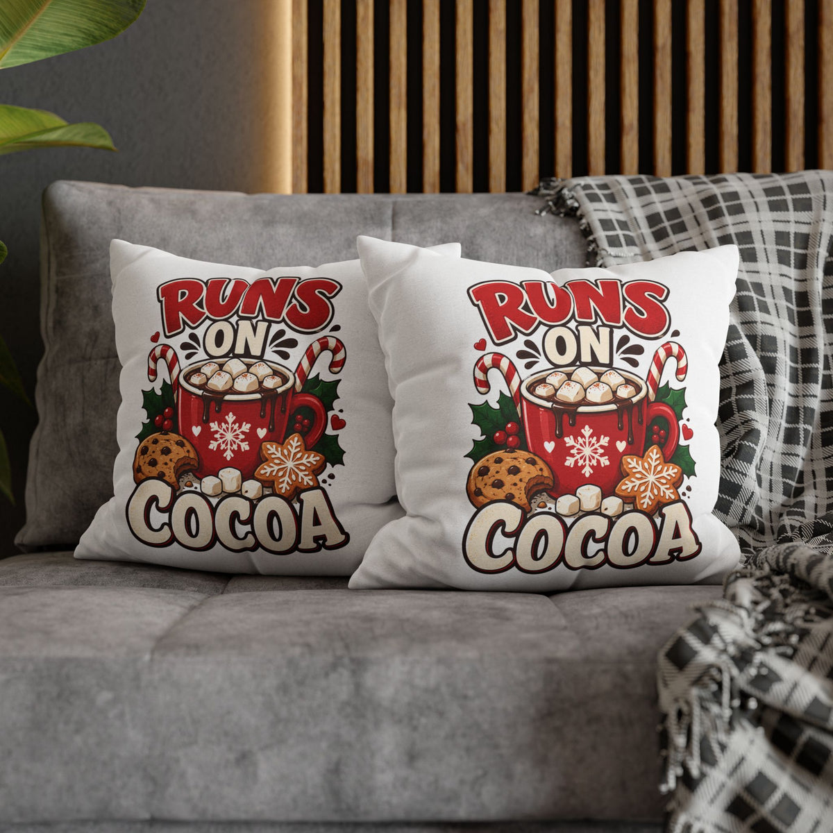 Christmas Runs on Cocoa Decorative Pillowcase — Hot Chocolate Holiday Throw Pillow