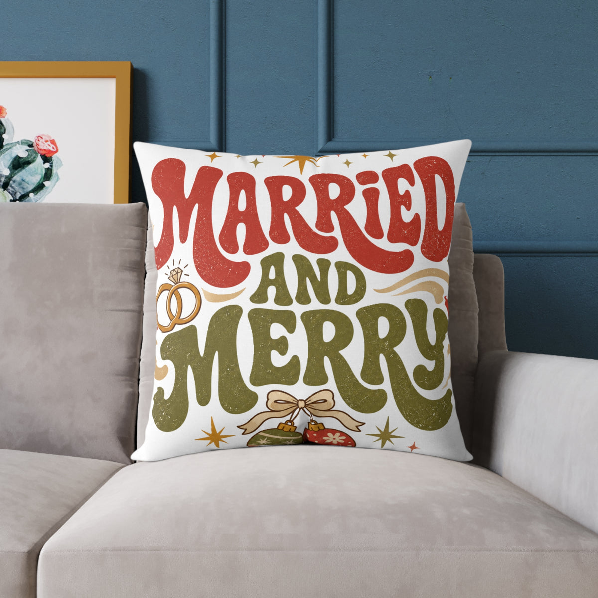 Christmas Married and Merry Holiday Pillow — Festive Wedding & Christmas Decorative Pillow