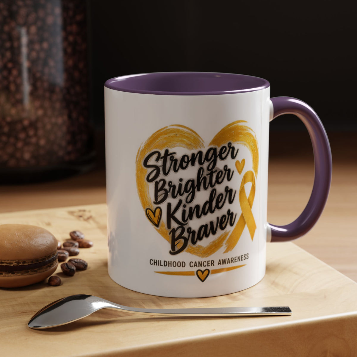 Childhood Cancer Awareness Accent Coffee Mug — "Stronger Brighter Kinder Braver"