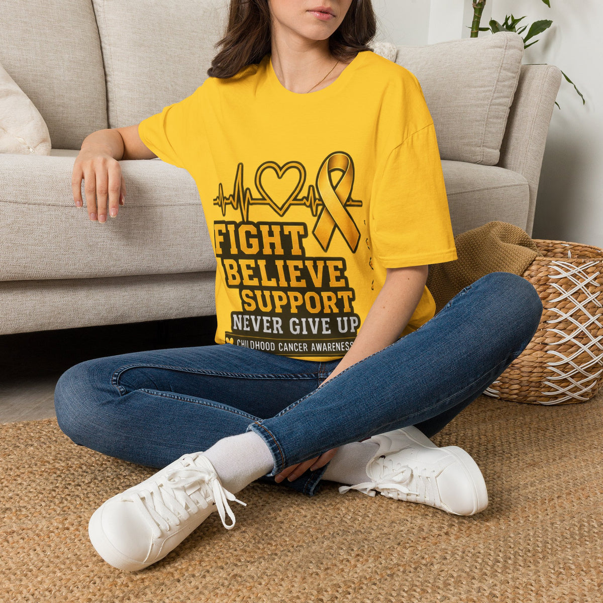 Childhood Cancer Awareness T-Shirt – "Fight Believe Support Never Give Up" Gold Ribbon Tee