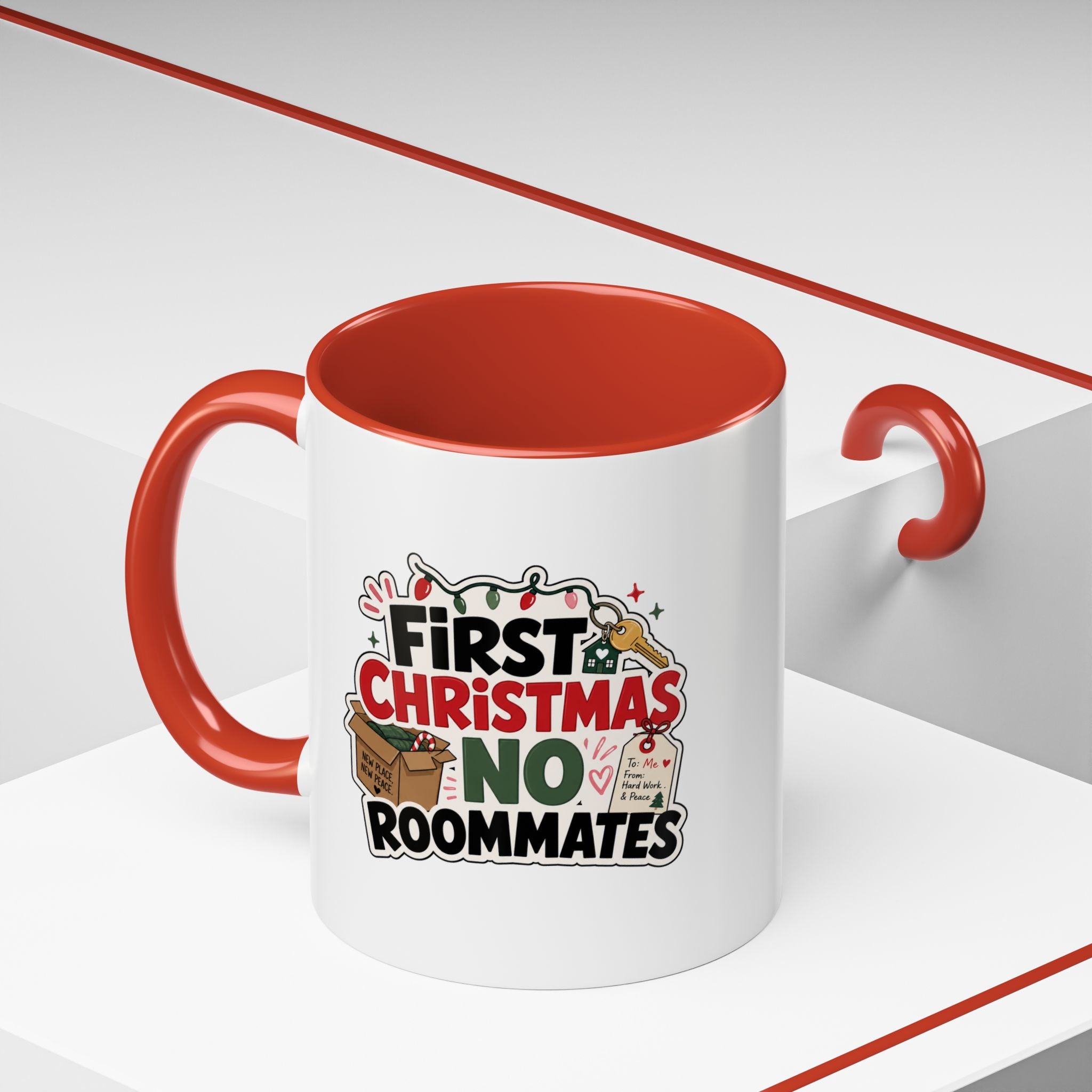 Modern Day Christmas First Christmas No Roommates Accent Coffee Mug — Funny Holiday Gift for New Homeowners & Dorm Residents