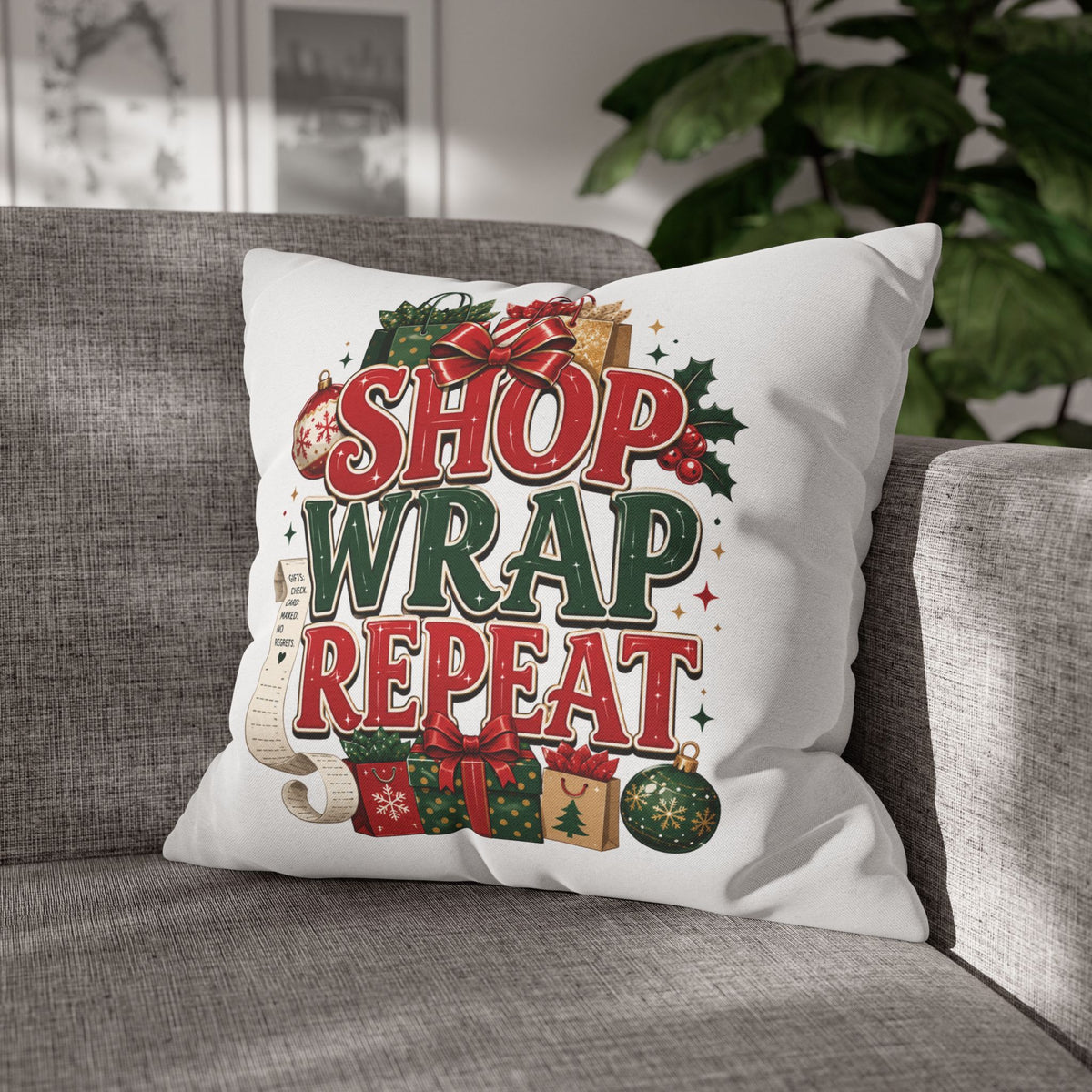 Shop Wrap Repeat Christmas Pillowcase — Holiday Decorative Throw Pillow Cover