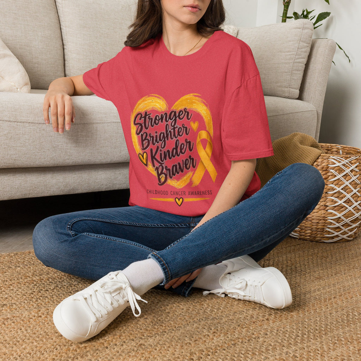 Childhood Cancer Awareness T-Shirt — "Stronger Brighter Kinder Braver" Gold Ribbon