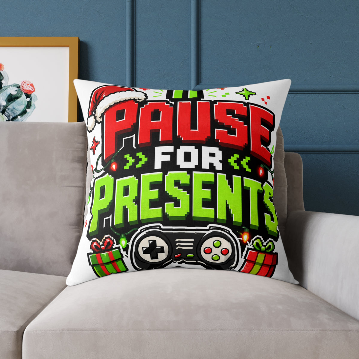 Modern Day Christmas Holiday Gamer Pillow — "Pause for Presents" Christmas Gaming Throw Pillow