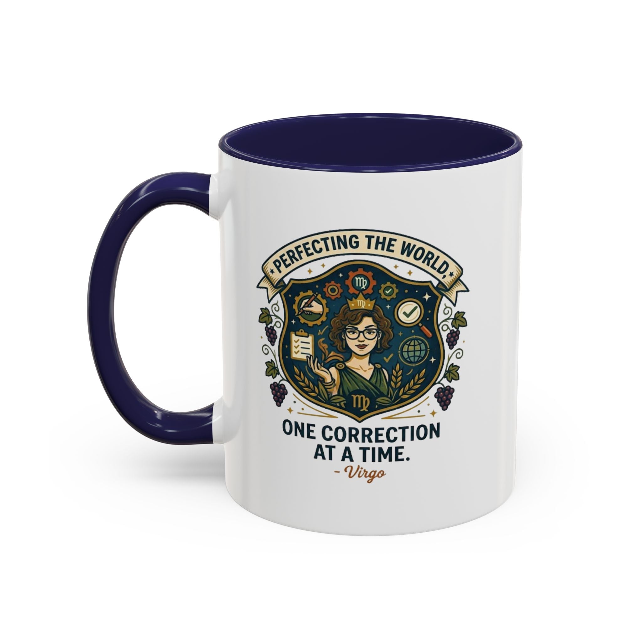 Virgo Coffee Mug — "Perfecting the World: One Correction at a Time" Accent Astrology Gift