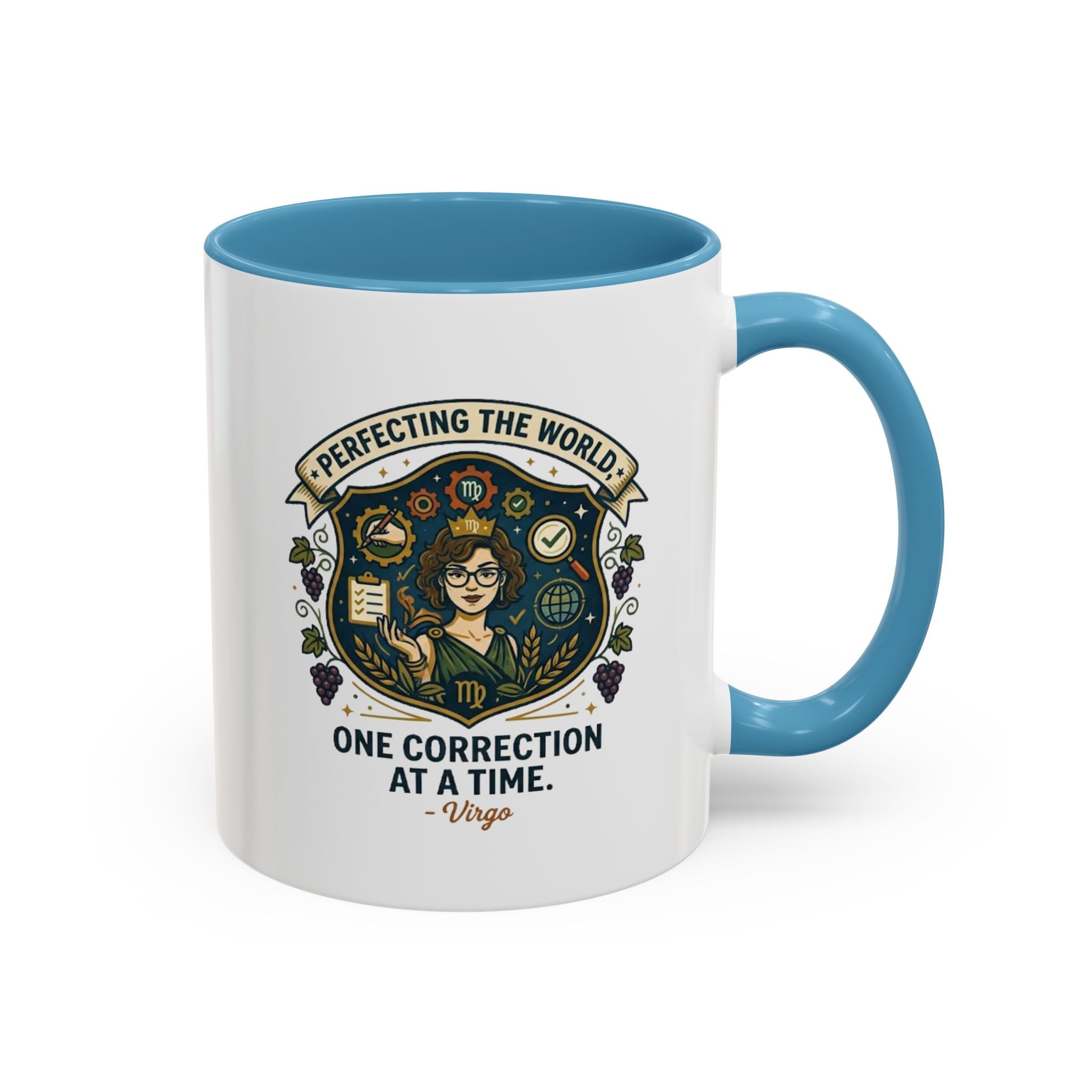 Virgo Coffee Mug — "Perfecting the World: One Correction at a Time" Accent Astrology Gift