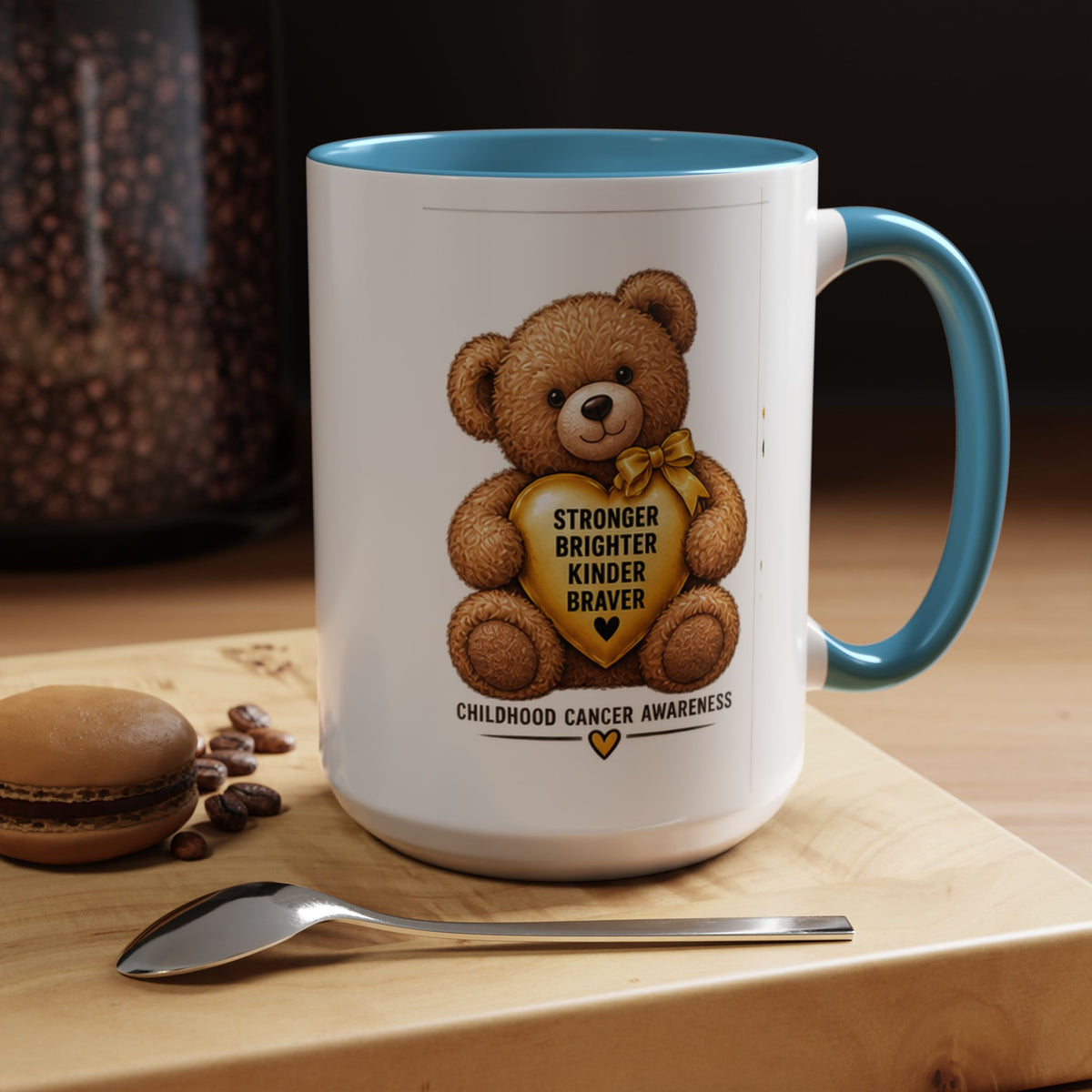 Childhood Cancer Awareness Coffee Mug — 'Stronger Brighter Kinder Braver' Teddy