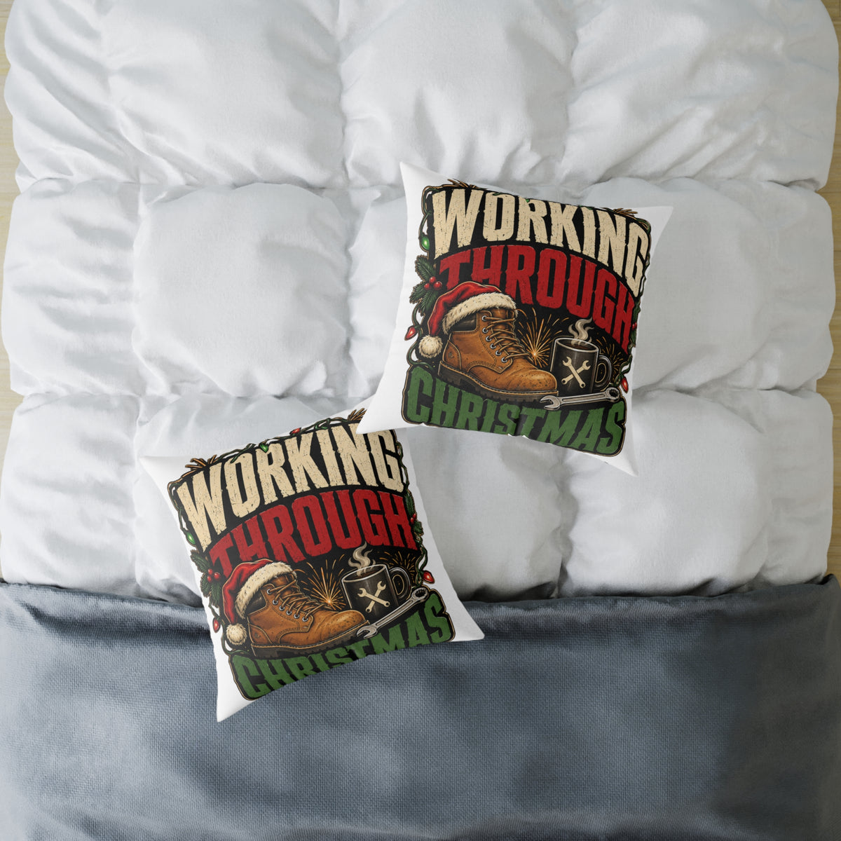 Working Through Christmas Modern Day Christmas Decorative Pillow — Holiday Boot & Coffee Throw Pillow