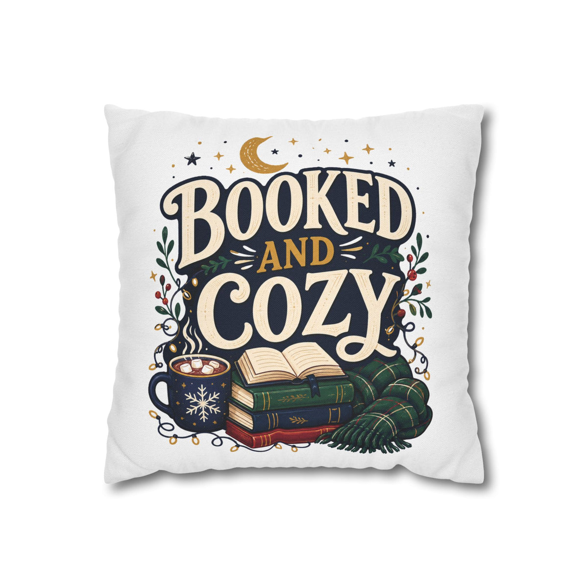 Booked and Cozy Square Pillowcase Modern Day Christmas — Booklover Decorative Throw Pillow Cover