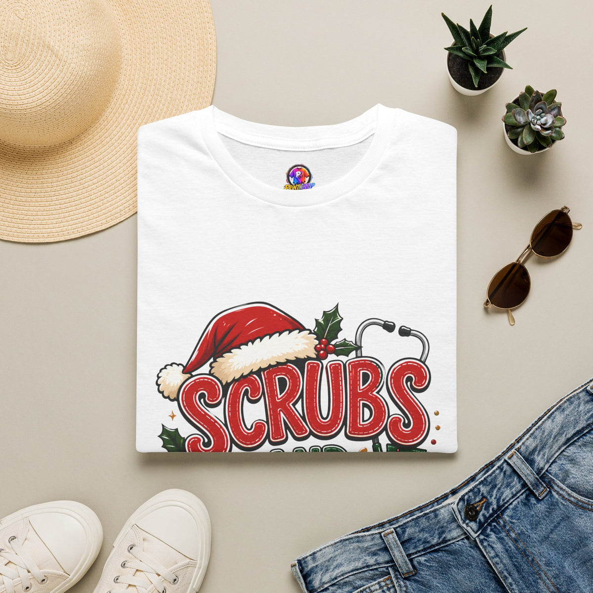 Scrubs and Santa Christmas Tee — Funny Nurse Holiday T-Shirt