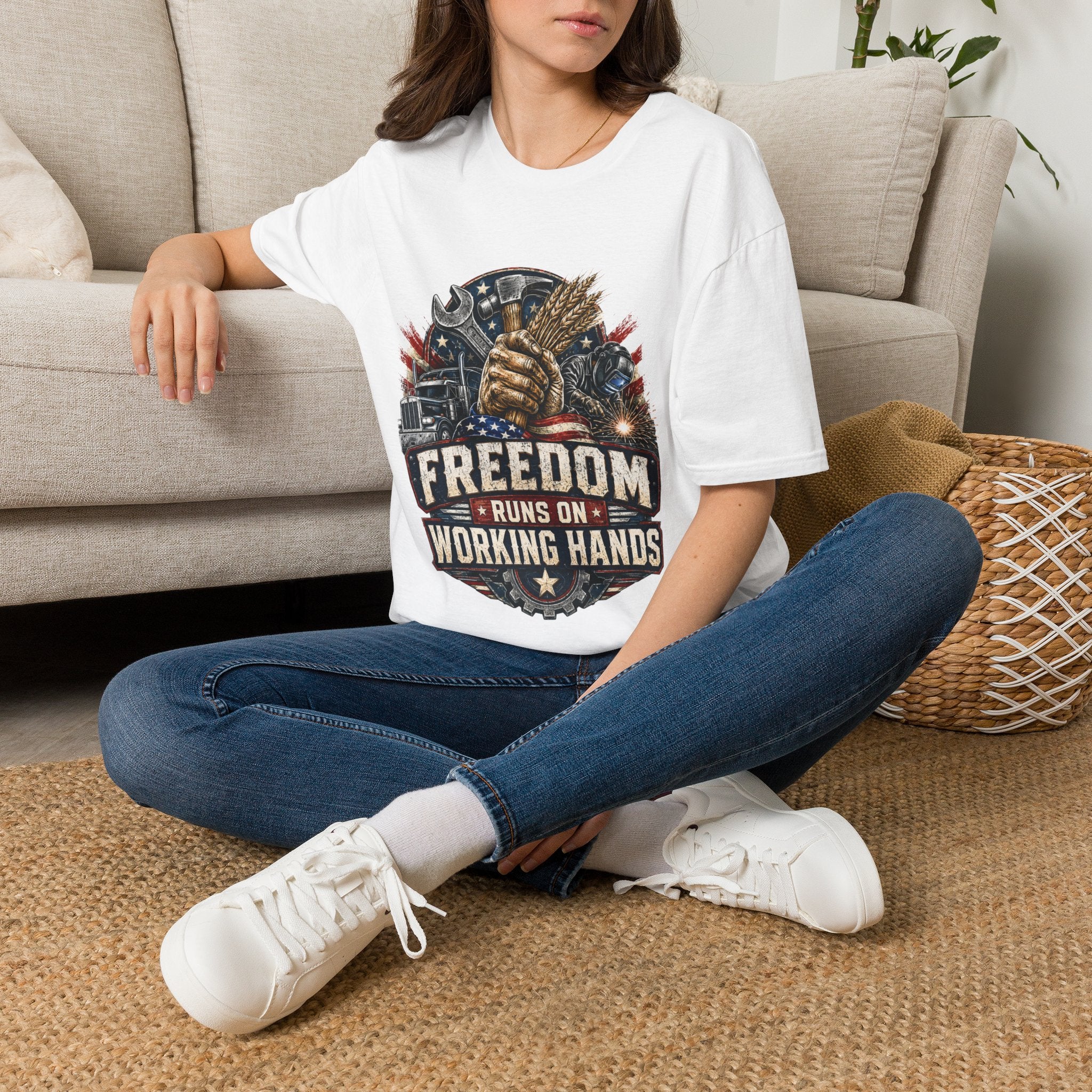 Freedom Runs on Working Hands T-Shirt — Patriotic Mechanic Tool & Wheat Design