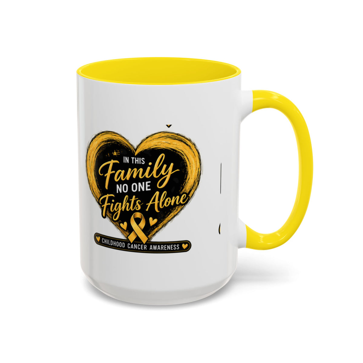 Childhood Cancer Awareness Accent Coffee Mug — "In This Family No One Fights Alone"