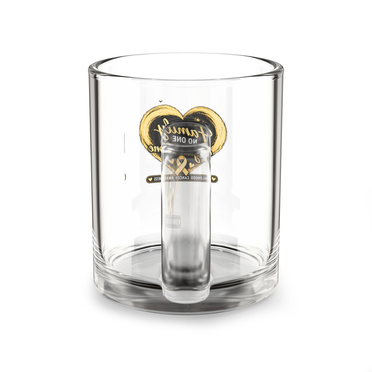 Childhood Cancer Awareness Glass Mug — "In This Family No One Fights Alone" 10oz