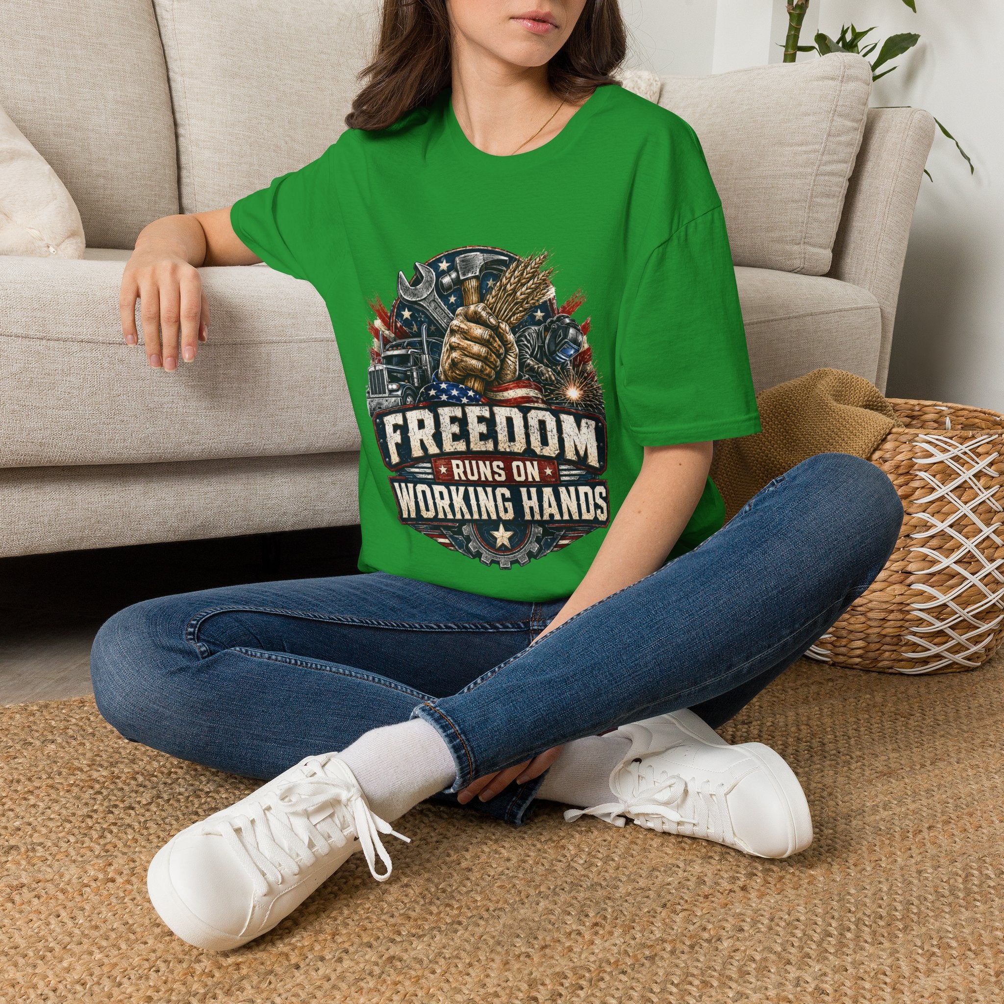 Freedom Runs on Working Hands T-Shirt — Patriotic Mechanic Tool & Wheat Design