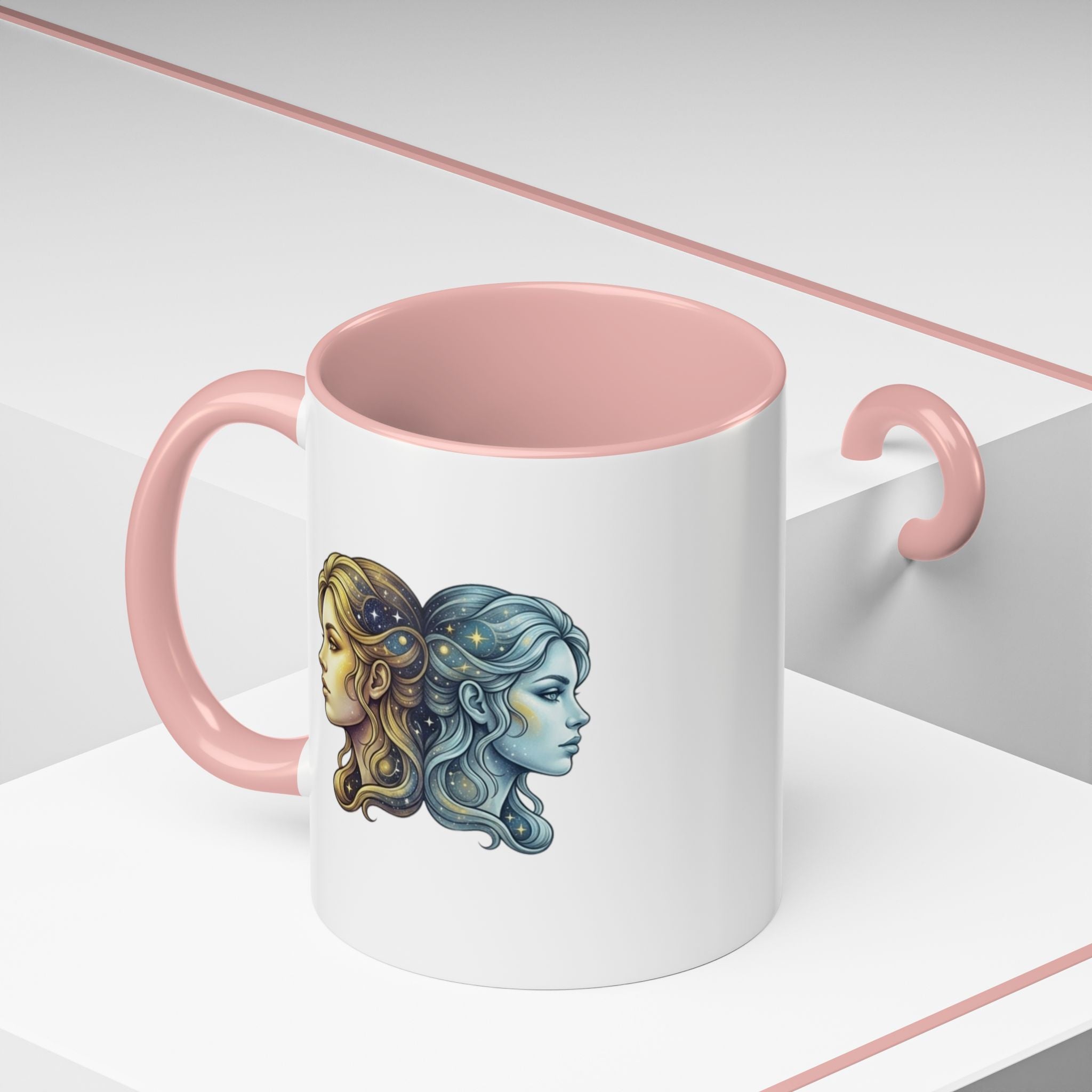 Gemini Zodiac Accent Coffee Mug — Dual Faces Astrology Design