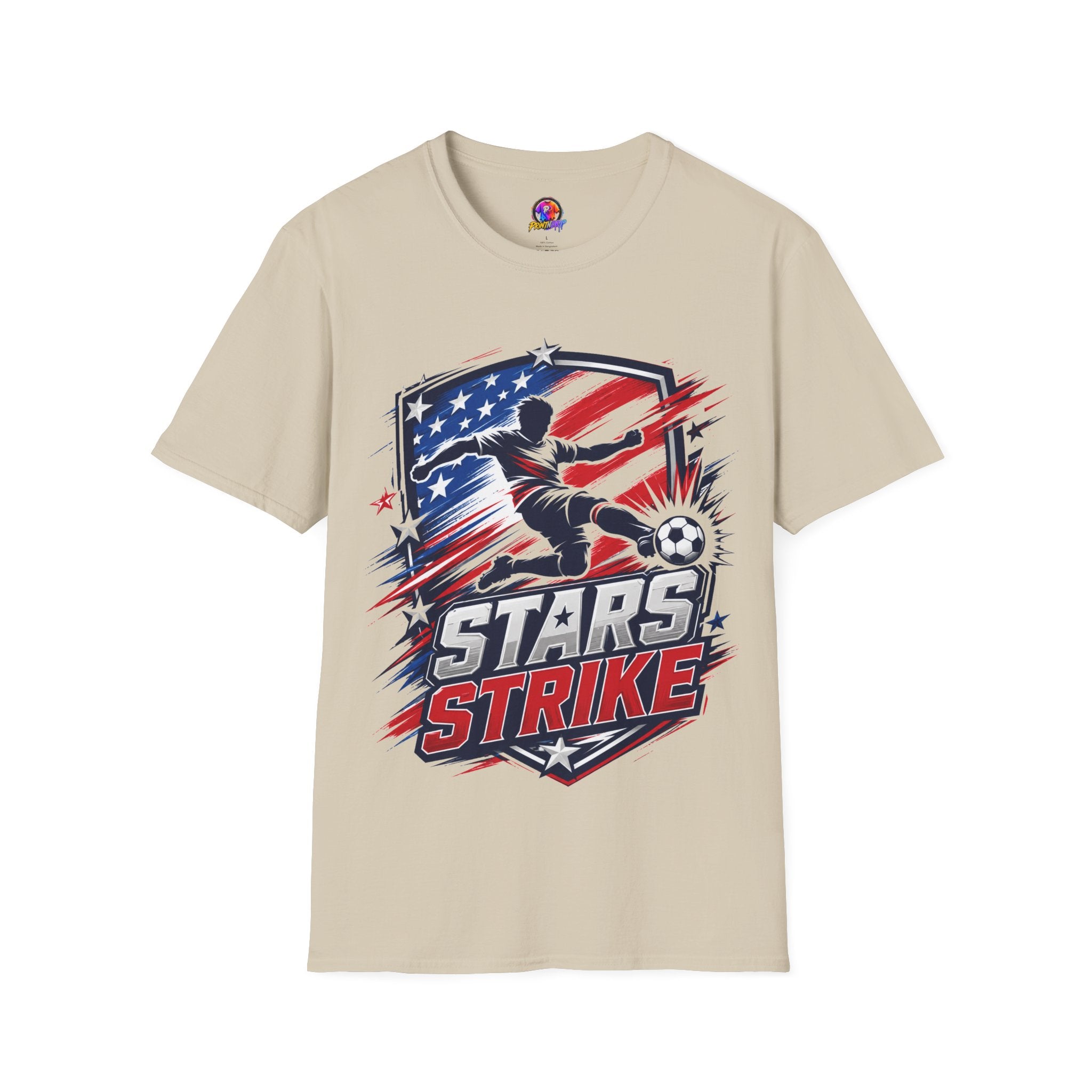 USA Soccer Stars Strike T‑Shirt — American Flag Soccer Player Graphic
