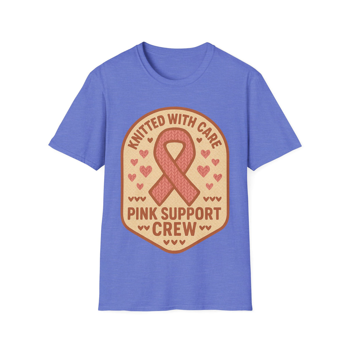 Pink Support Crew Knitted With Care Shield Badge T-Shirt, Breast Cancer Awareness Tee - Trending Now - September 2026