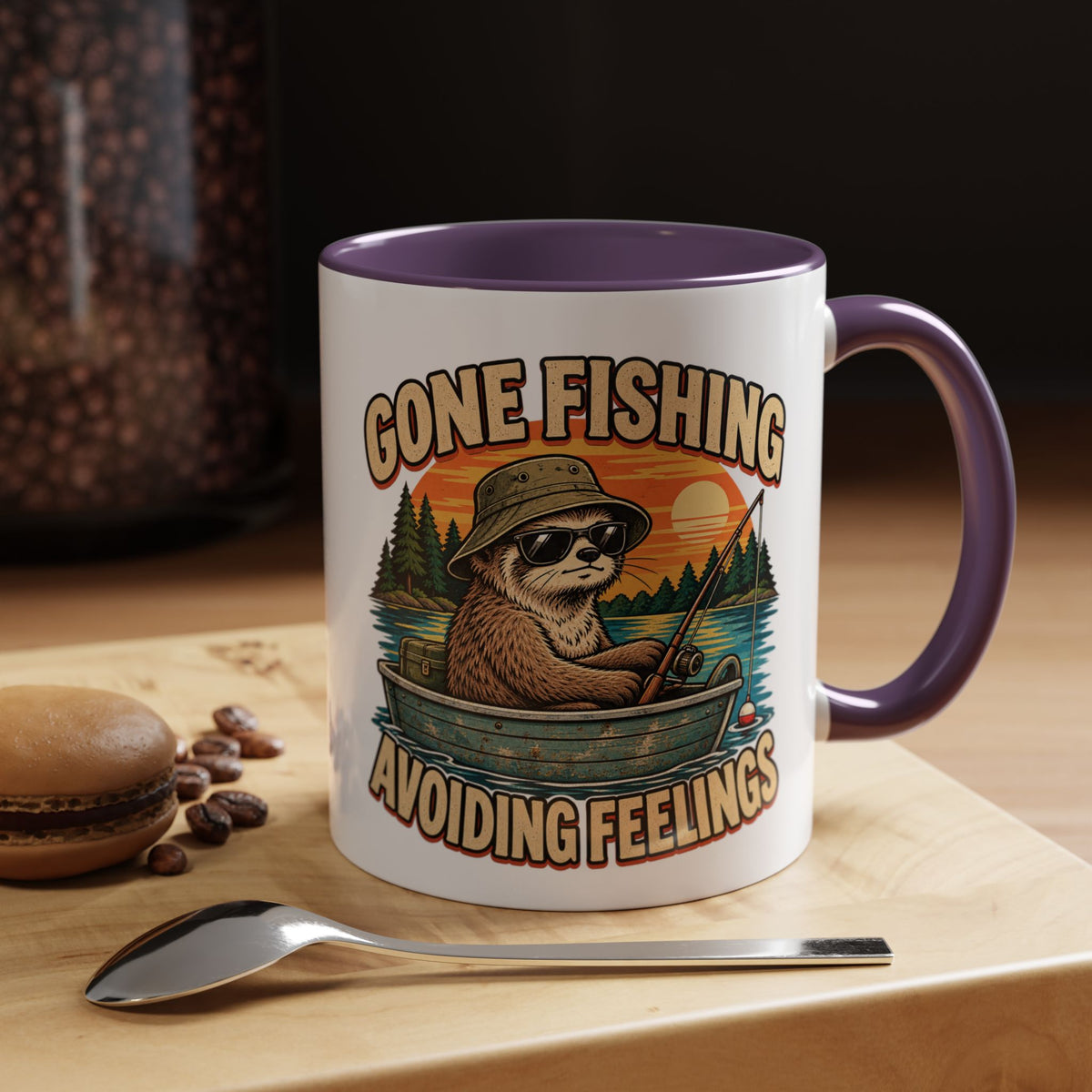 Funny And Witty "Gone Fishing Avoiding Feelings" Accent Coffee Mug (11, 15oz)