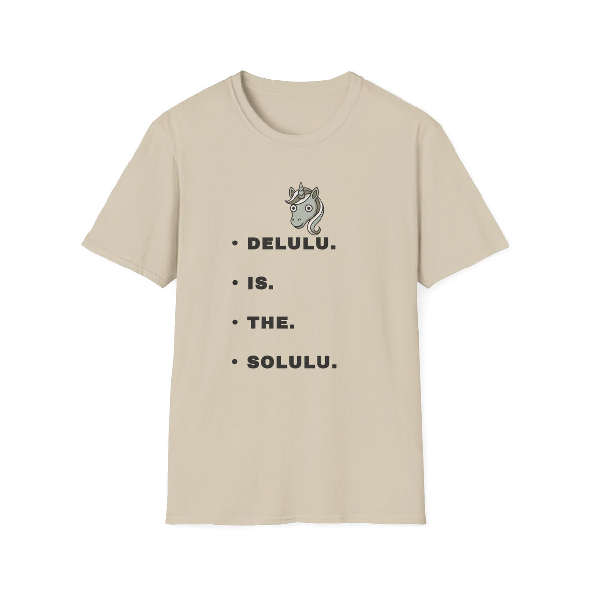 T-Shirt — Minimalist Unicorn Graphic Tee with "DELULU" Text - Trending Now - September 2026