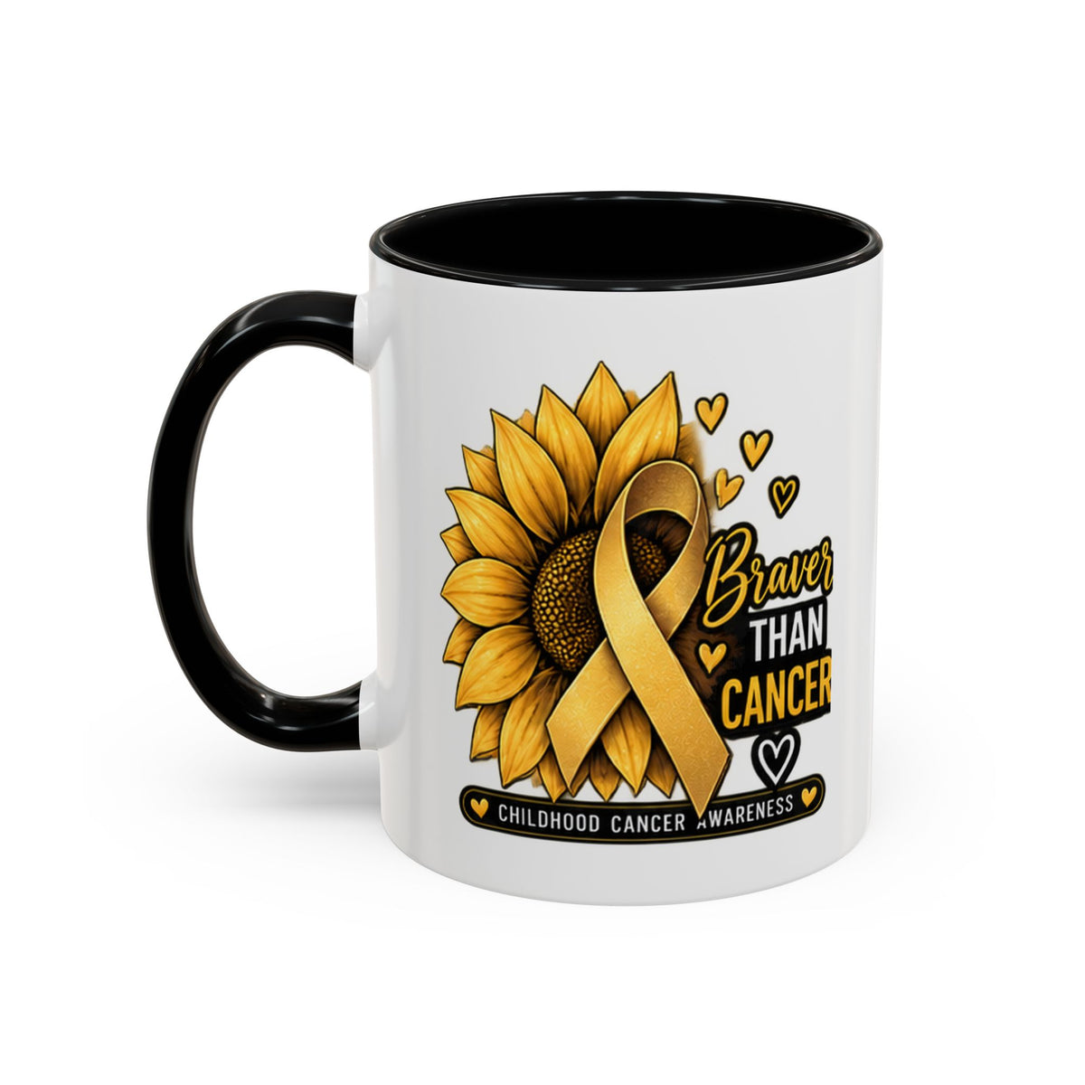 Childhood Cancer Awareness Mug — "Braver Than Cancer" Sunflower & Gold Ribbon