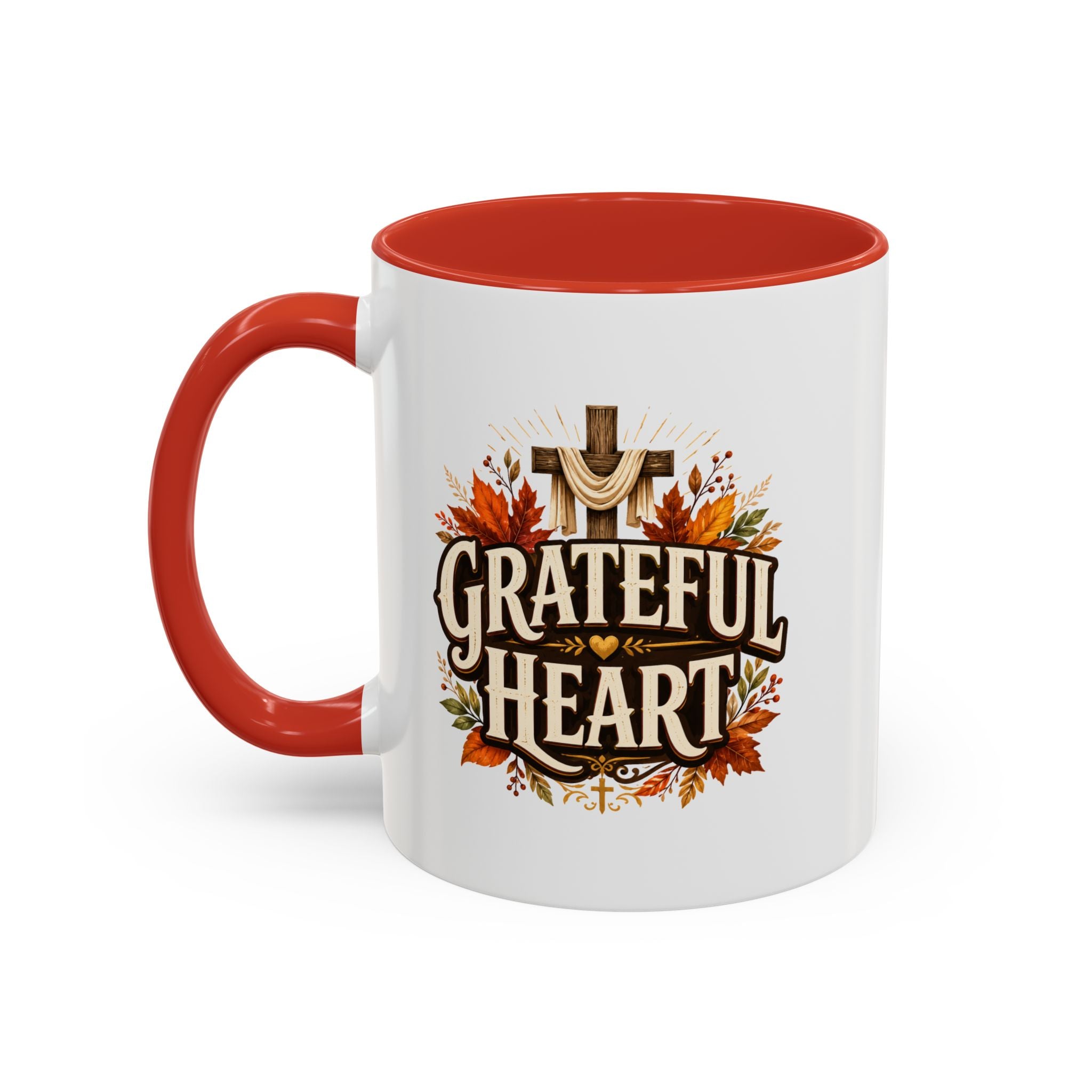 Thanksgiving Mug Grateful Heart Accent Coffee Mug – Autumn Leaves & Cross Spiritual Thanksgiving Gift