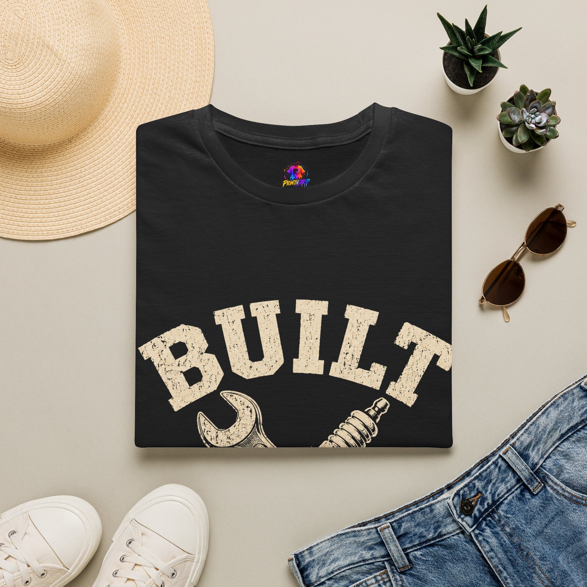 Built Not Bought T-Shirt — Mechanic Wrench & Spark Plug Vintage Tee