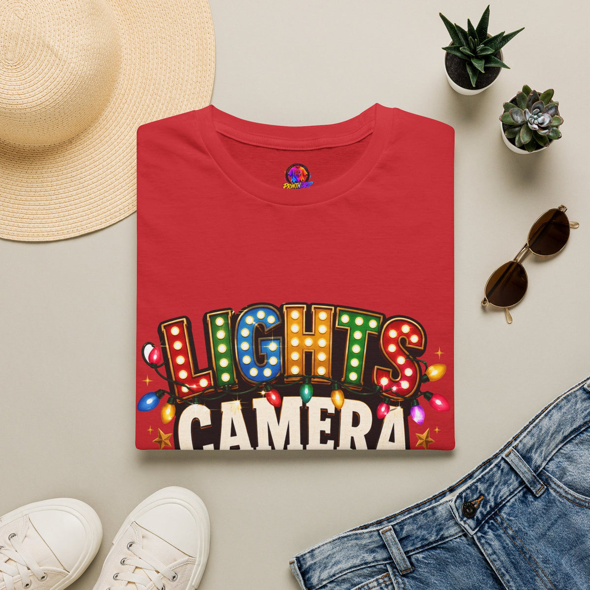 Lights Camera Christmas T-Shirt — Retro Marquee Holiday Tee