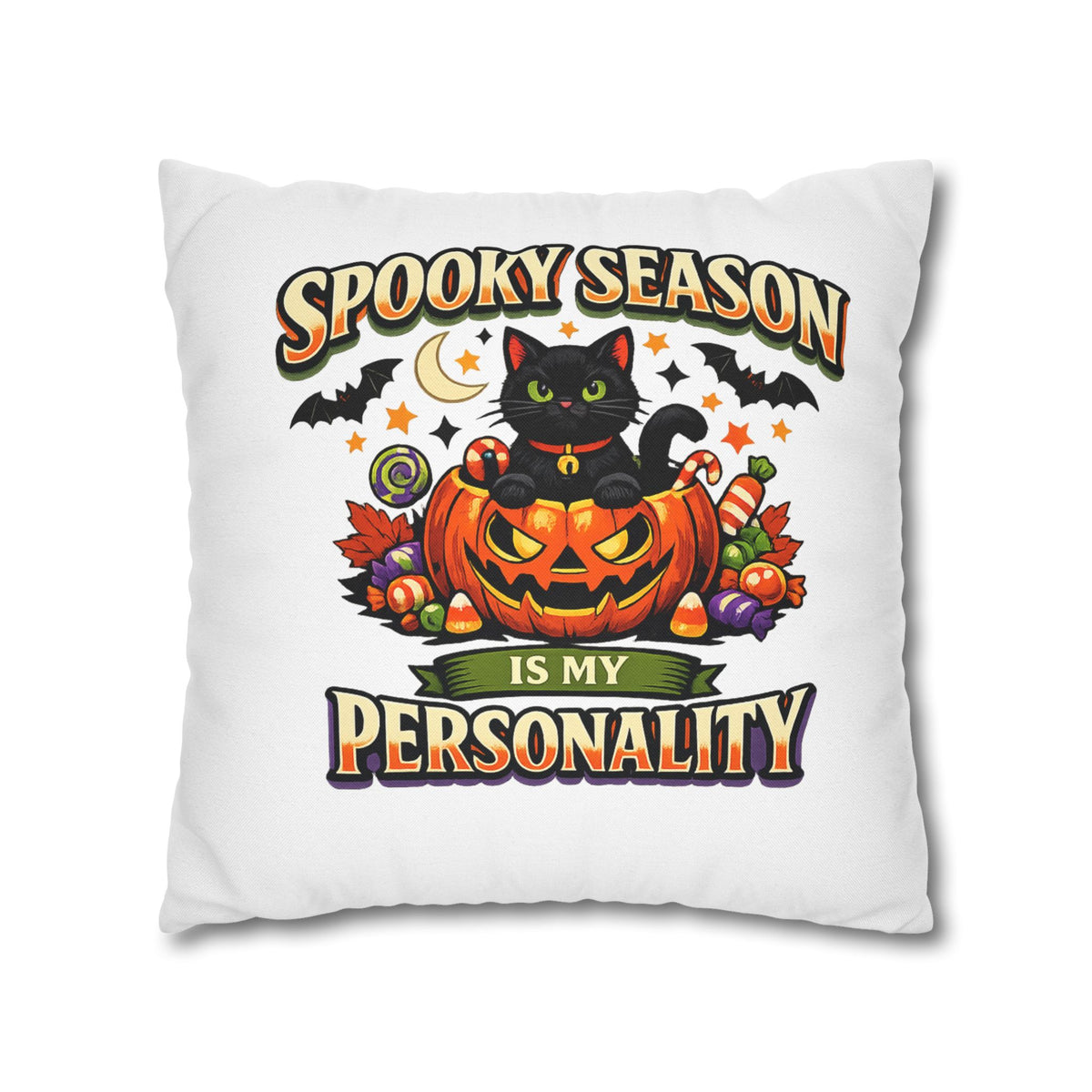 Halloween Pillowcase — "Spooky Season Is My Personality" Black Cat Pumpkin Decorative Pillow