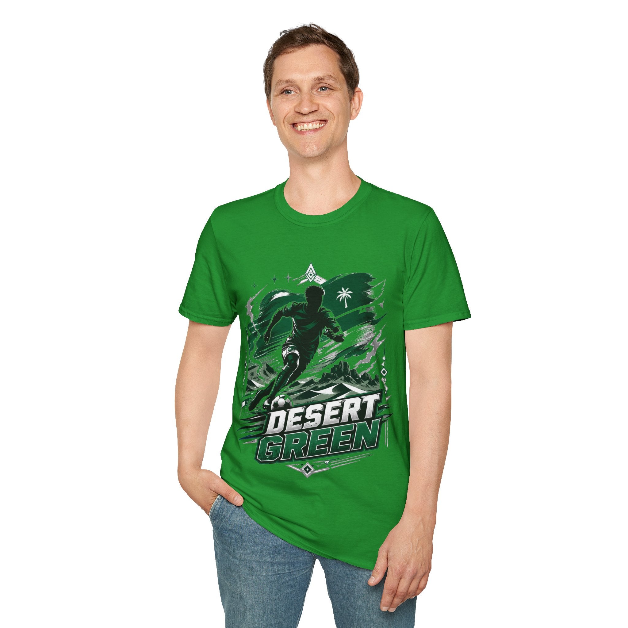 Saudi Arabia Desert Green Soccer T-Shirt — Silhouette Player Graphic