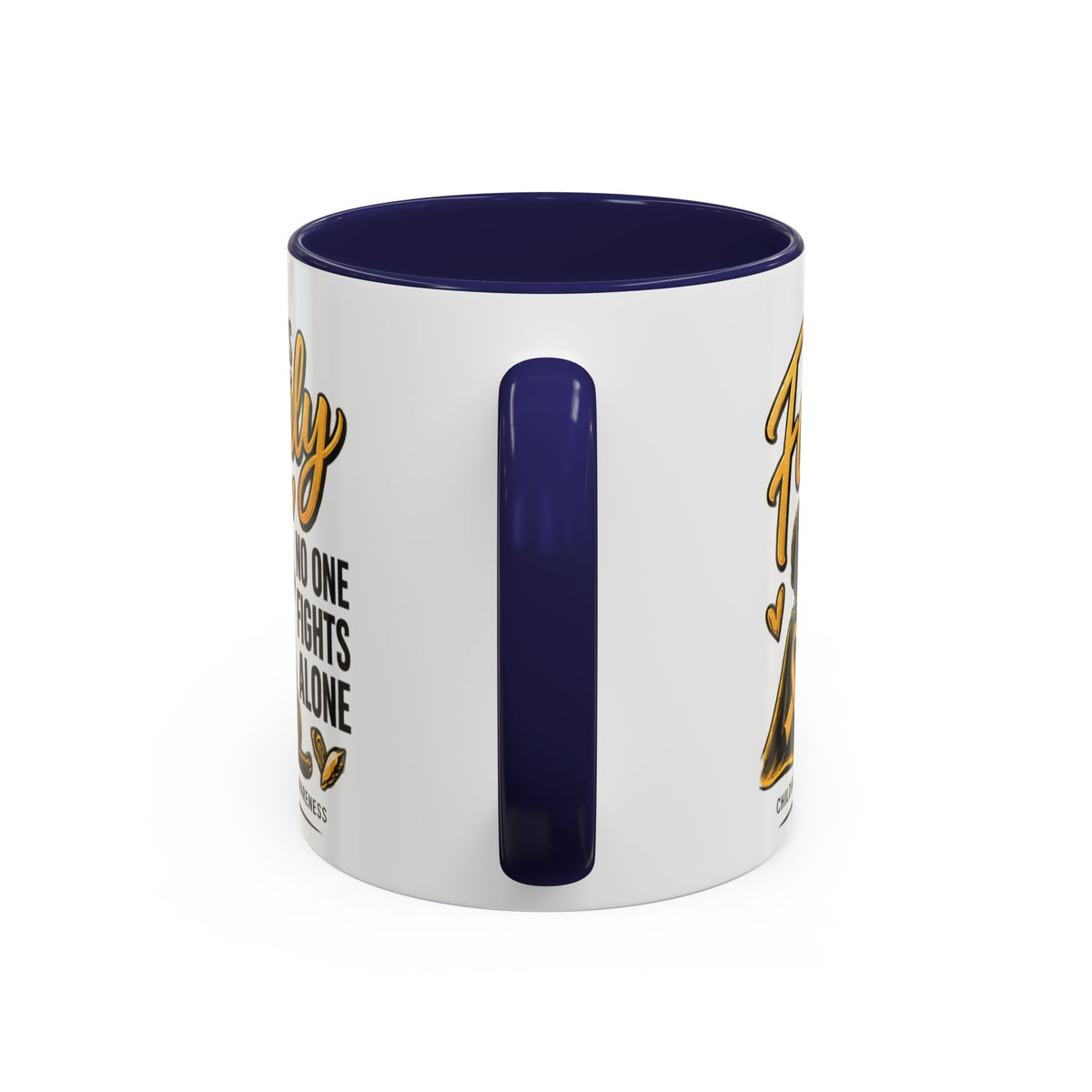Childhood Cancer Awareness Accent Coffee Mug – "In This Family No One Fights Alone" (11/15oz)