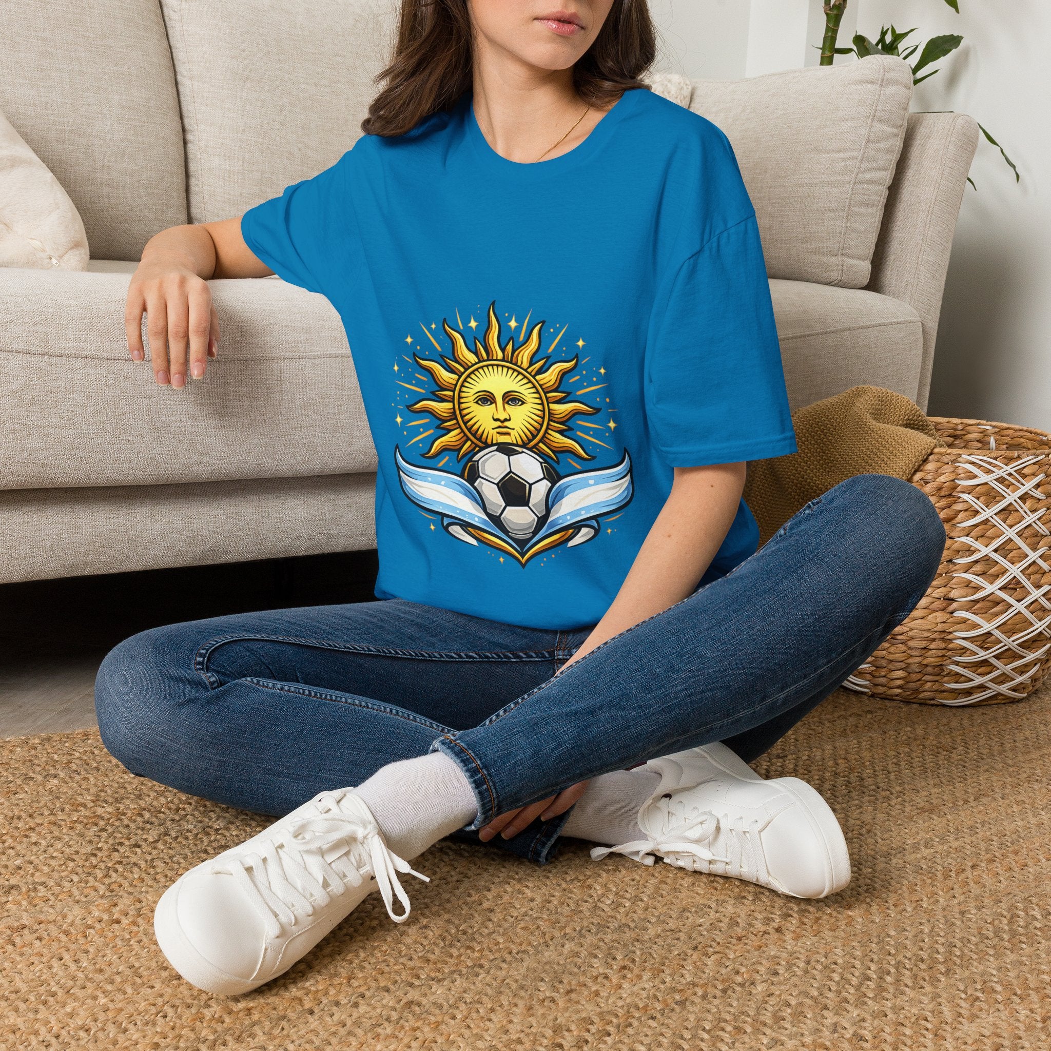 Argentina Sun Face Soccer T-Shirt — Retro Celestial Football Tee