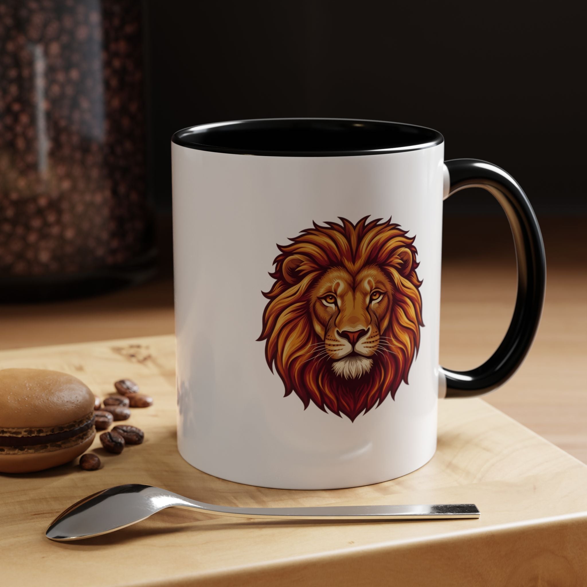 Lion Head Accent Coffee Mug — Bold Tribal Lion Face Design,